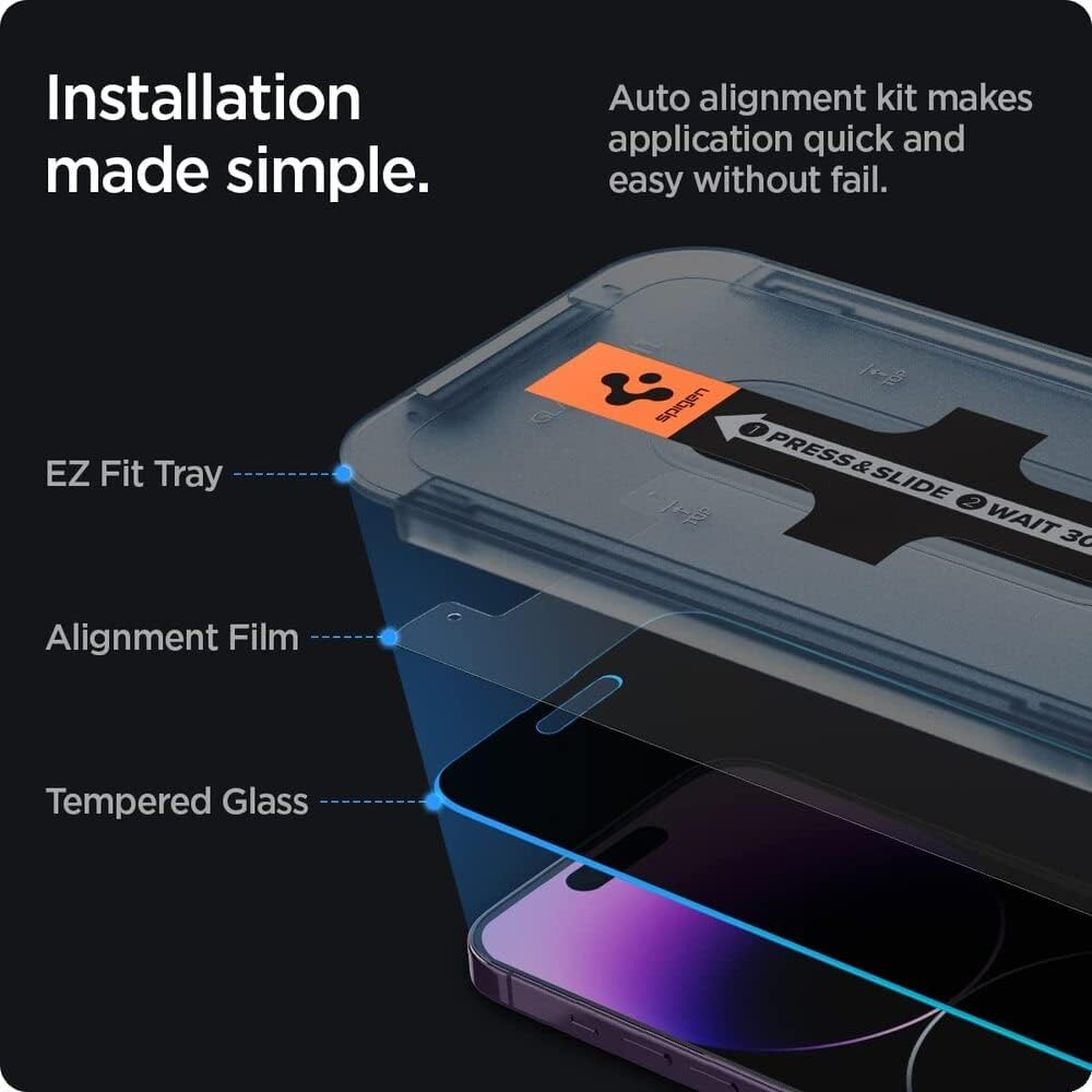 Detalle 2 de Spigen Glas.tR EZ Fit per iPhone 14 Pro Max: vetro temperato anti-spia (2 pezzi), protezione privacy e durezza 9H