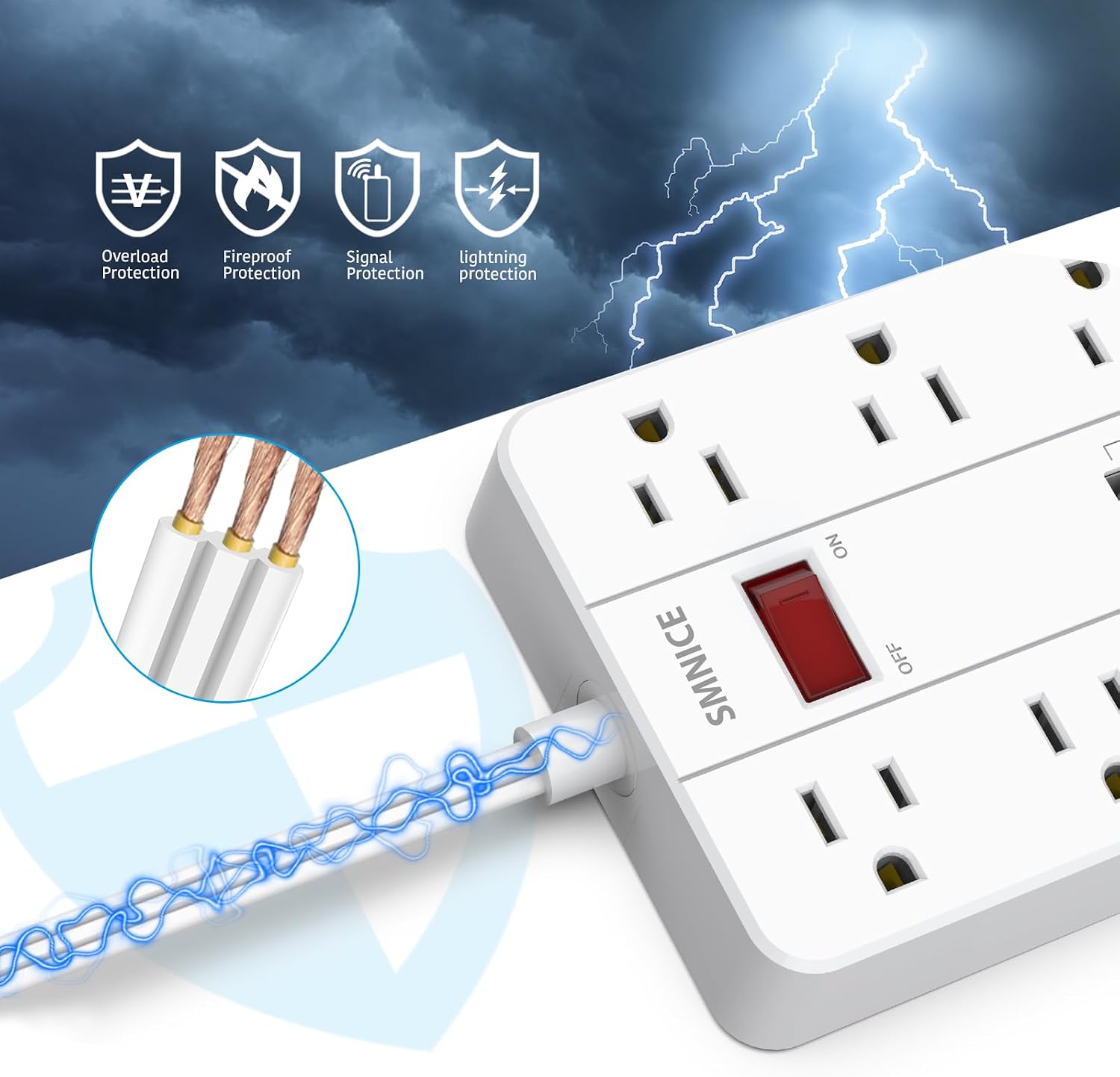 Detalle de SMNICE Power Strip with USB (Surge Protector, 8 Outlets + 6 USB Ports including USB-C), Flat Wall-Mountable Design