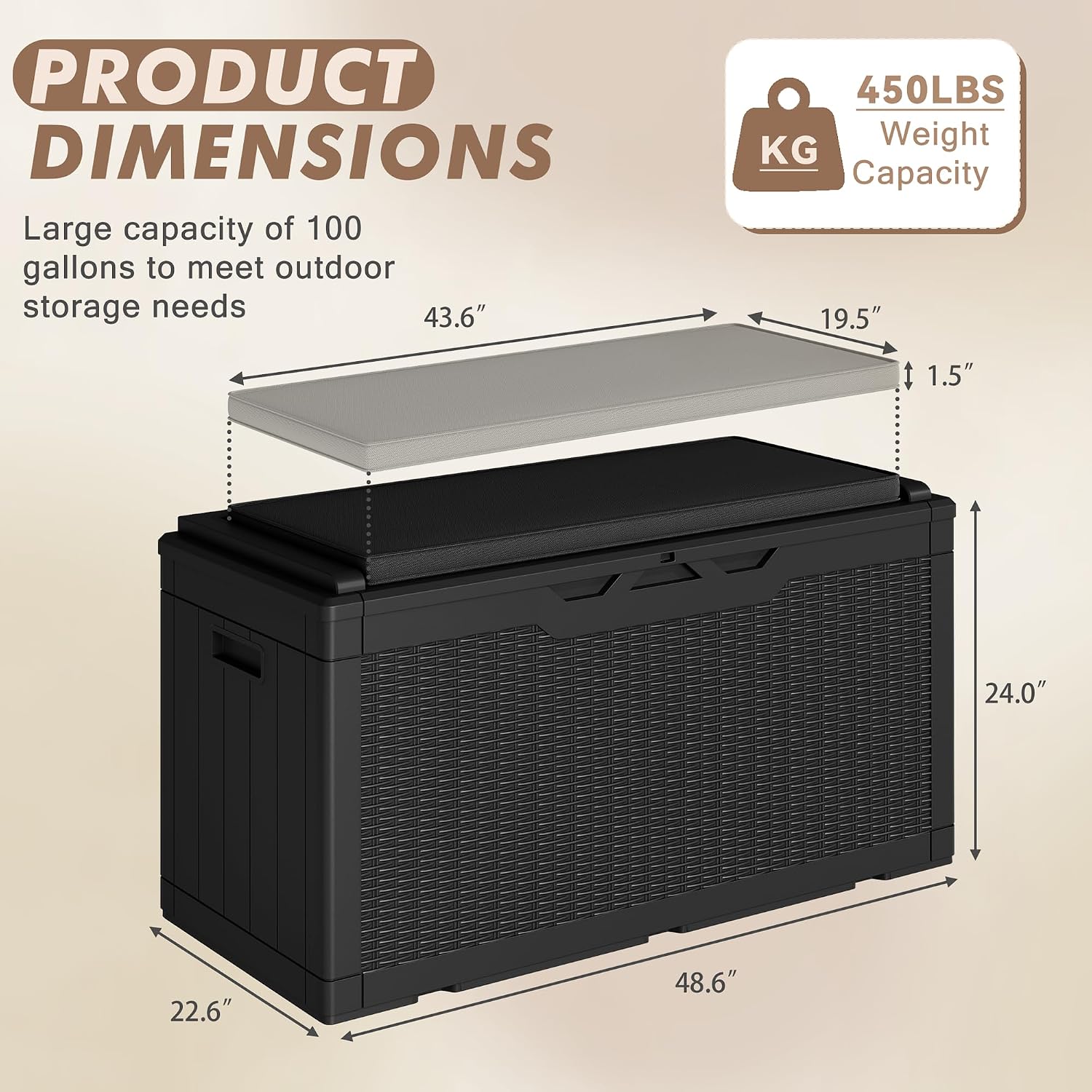 Detalle 1 de Devoko Model 1 100-Gallon Resin Deck Box with Cushion, Waterproof and Lockable