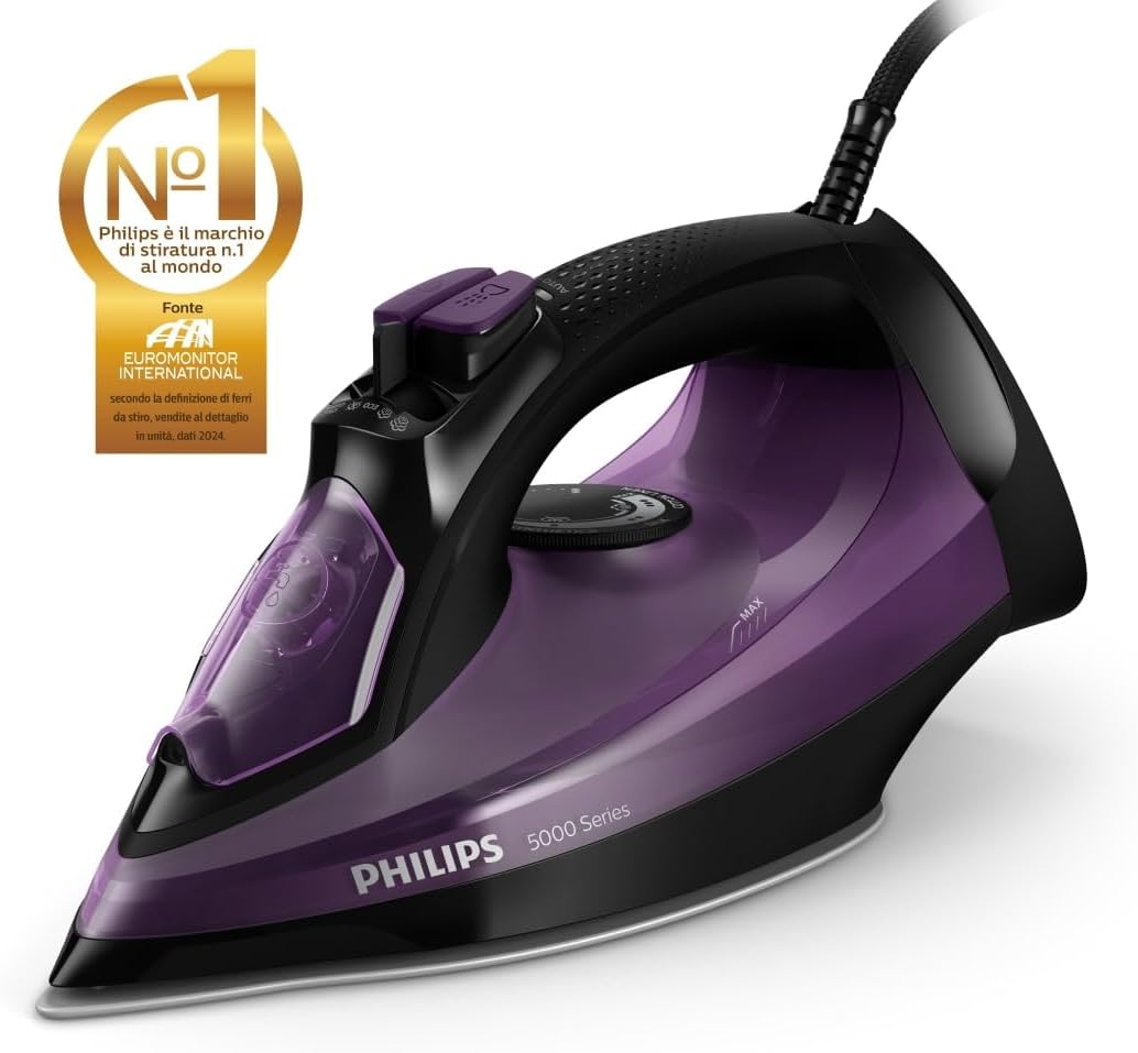 Detalle de Philips 5000 Series DST5030/80 Ferro da Stiro a Vapore 2400W – SteamGlide Plus, 45 g/min, Colpo vapore 180 g, Stiratura verticale