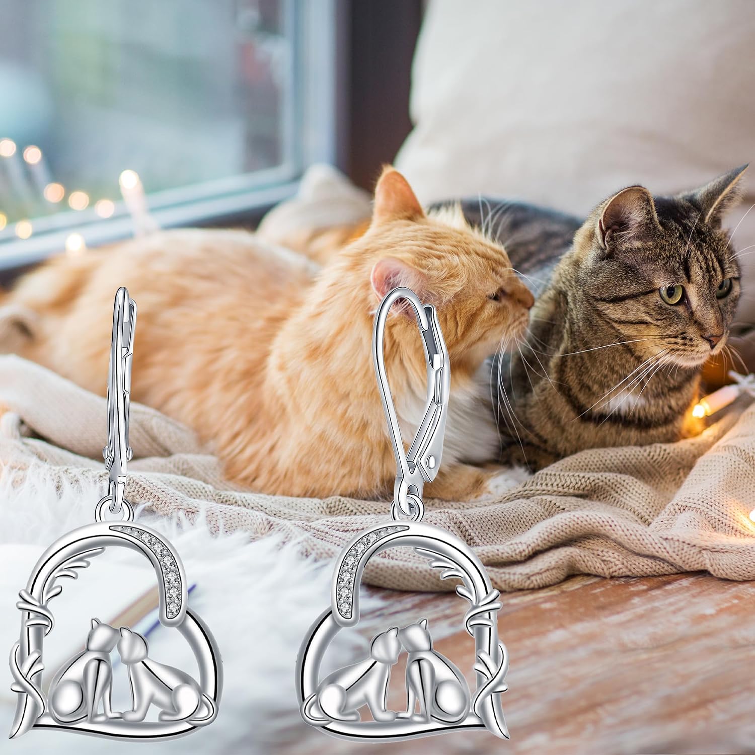 Detalle de J.MUEN Damen Ohrringe 925 Sterling Silber – Katzenanhänger, Geschenkbox inkl. Schmuckverpackung