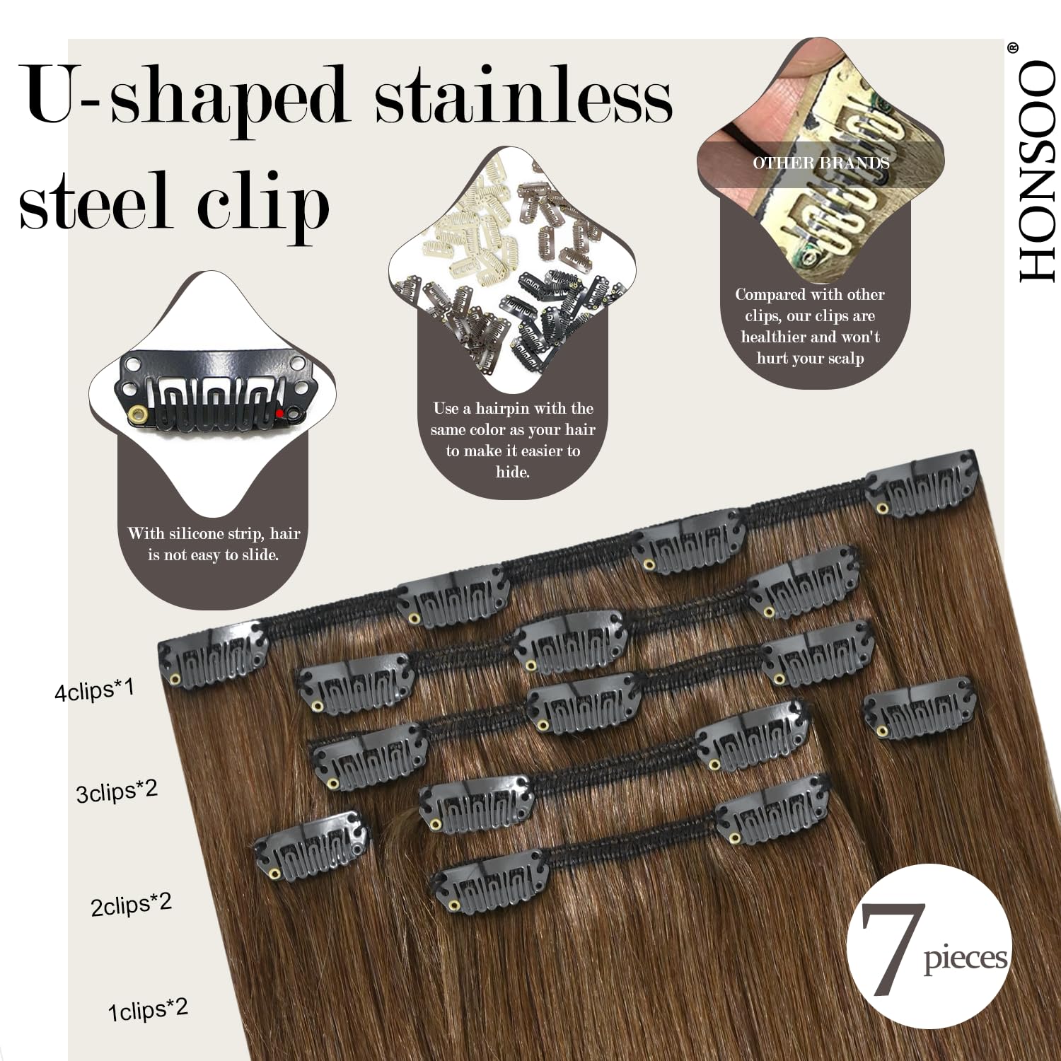 Detalle de Honsoo Chestnut Brown Remy Clip-In Hair Extensions (18 inch, 70g, 7pcs) – Real Human Hair, Silky & Soft