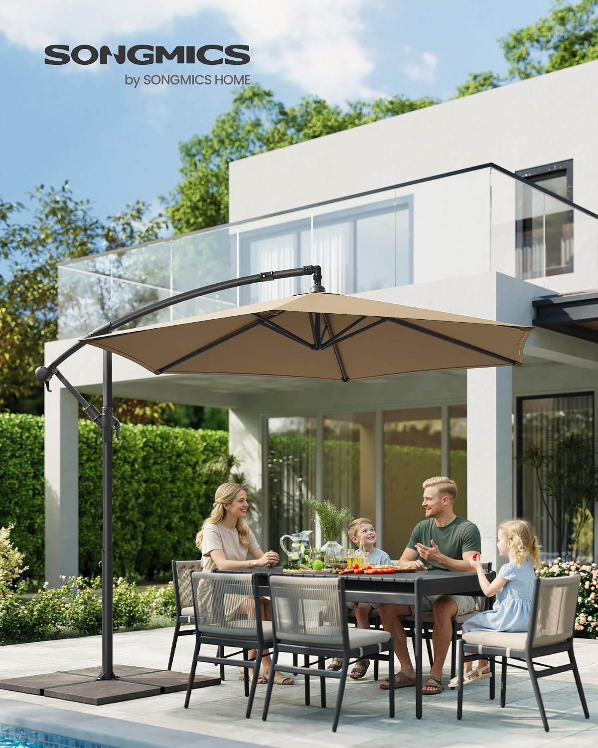 Detalle 2 de SONGMICS Parasol Déporté avec Socle en Croix – 300 cm, UPF 50+, manivelle et base en X