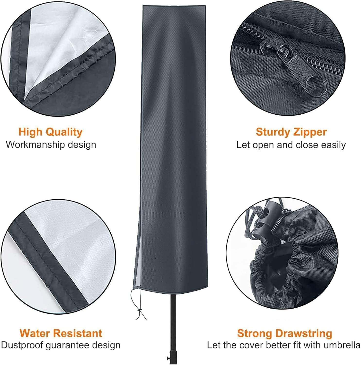 Detalle 2 de OKPOW Parasol Cover (600D) for 2m diameter garden parasols, waterproof, anti-UV, windproof with zip