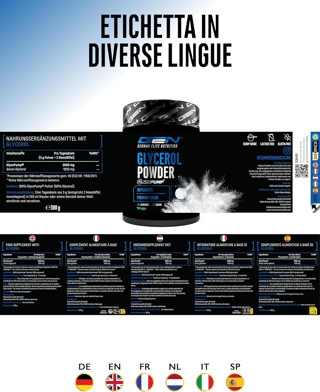 Detalle 2 de GEN GERMAN ELITE NUTRITION GlycoPump® 300 g (glicerolo puro in polvere al 65%) vegano e senza additivi