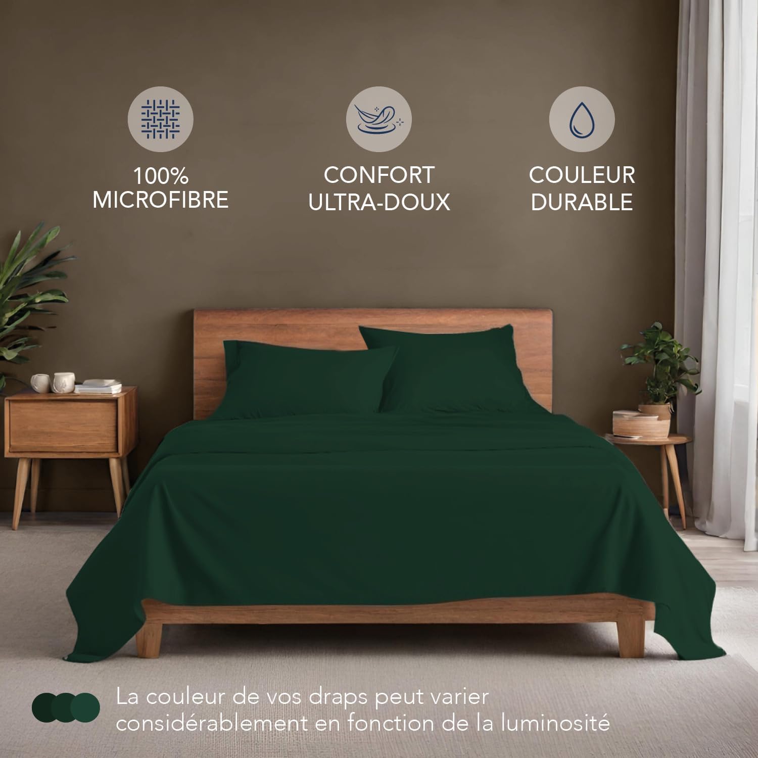 Detalle de Dreamzie Parure de lit 160x200 cm en microfibre (4 pièces) vert – drap housse, drap plat et taies 50x80, certifié Oeko-Tex