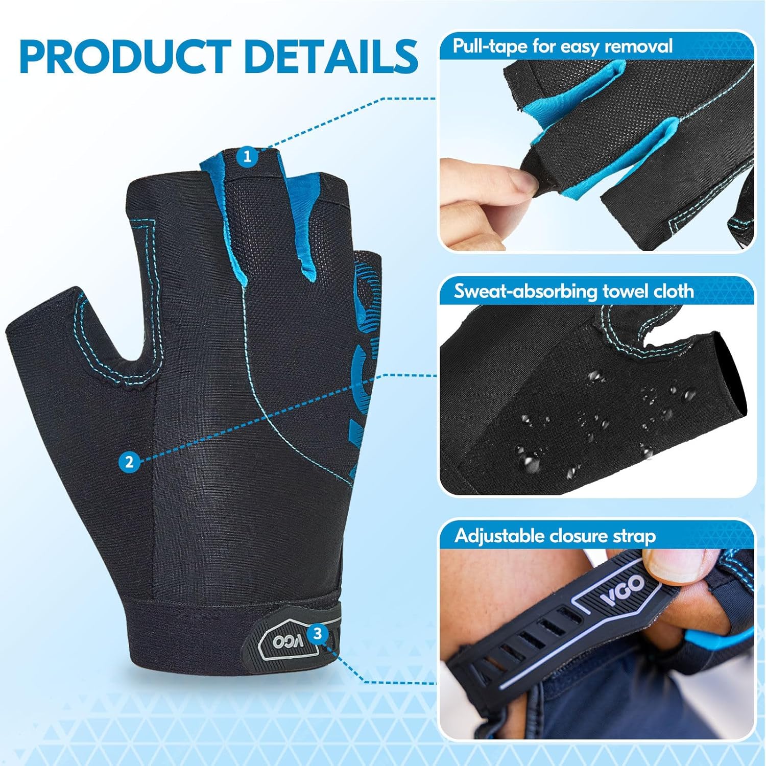 Thumbnail 3 de Vgo... Guanti da ciclismo a mezza dita MF2514 (M uomo, blu) regolabili e antiscivolo