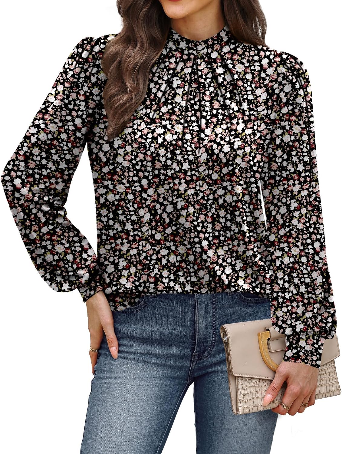 Detalle 2 de WIHOLL Long Sleeve Shirt for Women with Mock Neck and Pleated Front