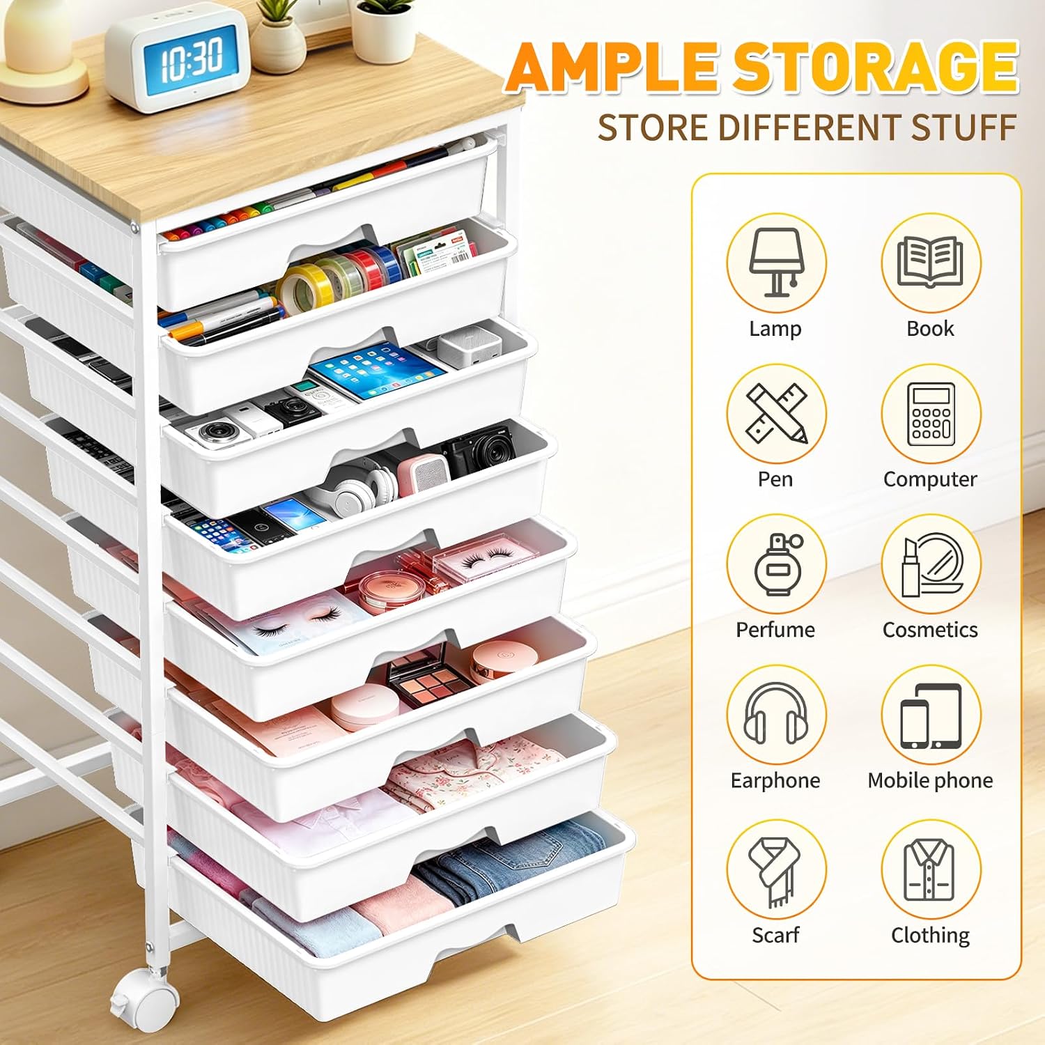 Thumbnail 6 de SUNALLY SN-SDC08W 8-Drawer Rolling Storage Cart with Wooden Top, White