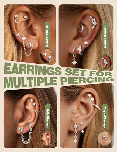 Detalle de CASSIECA 21Pcs Helix Piercing Jewellery – Hypoallergenic Flat Back Earrings Set