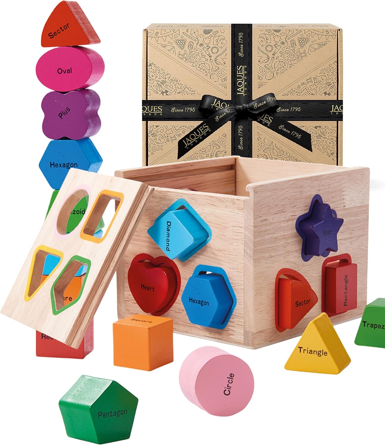 Detalle de Jaques of London wooden shape sorter for 1 year old – Montessori-style learning toy