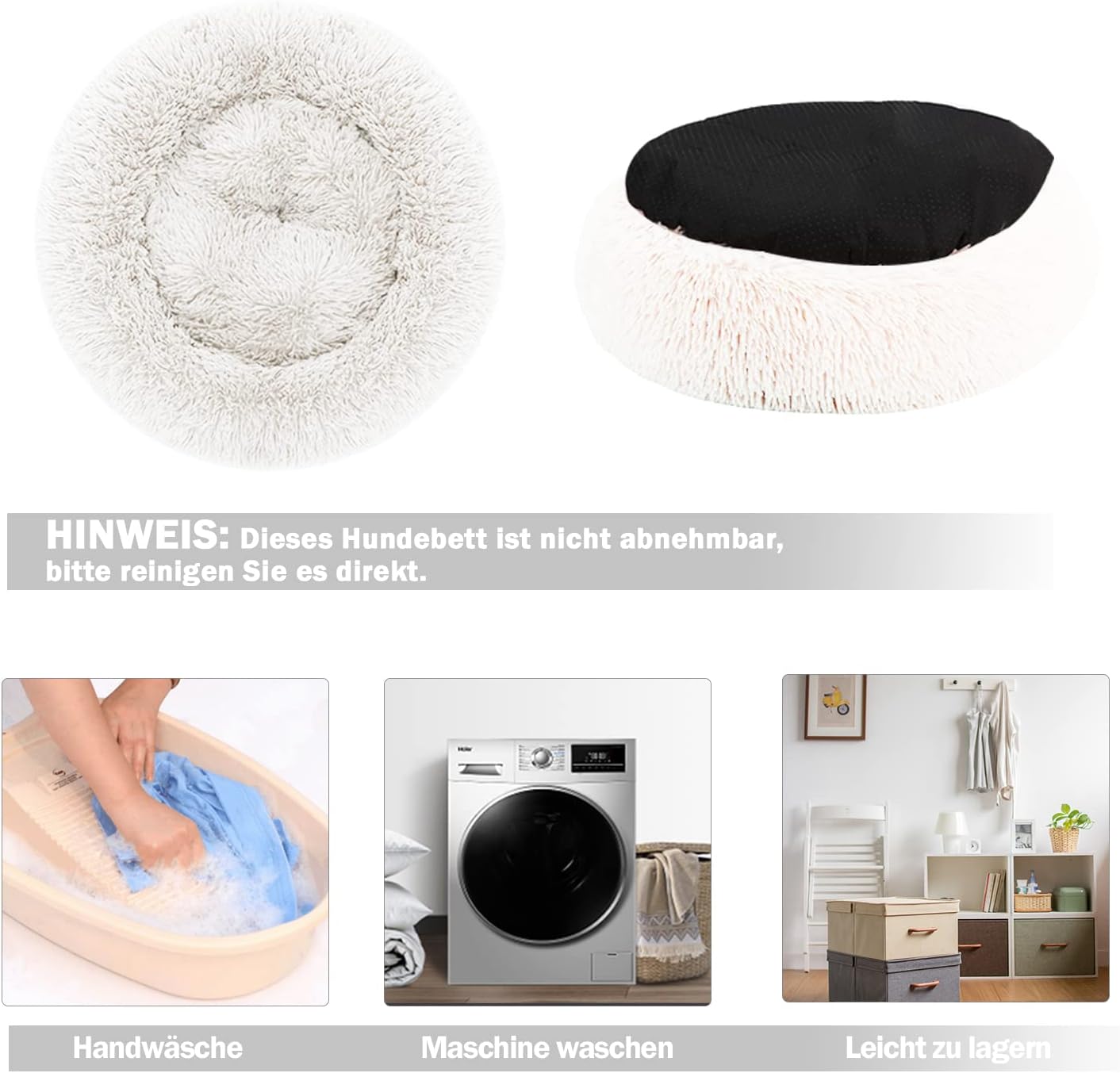Thumbnail 6 de Nepfaivy Hundebett/Katzenbett Flauschig Rund aus Plüsch – Donut, waschbar, in M (50 cm) Weiß