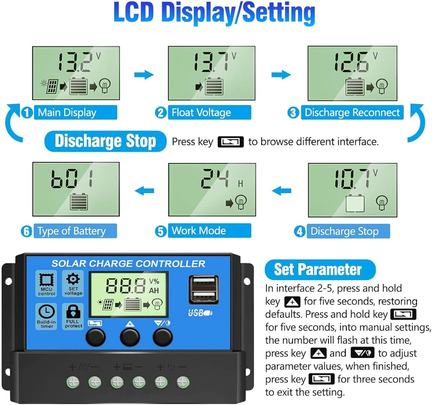 Thumbnail 2 de [Upgraded] 30A Solar Charge Controller for 12V/24V Systems with Adjustable LCD and Dual USB (PWM)