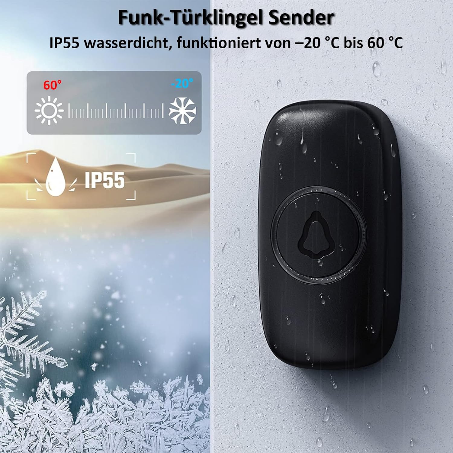 Detalle de SECRUI Funkklingel für Haustür mit 2 Empfängern & 1 Sender, 58 Melodien, 5 Lautstärken, LED, IP55