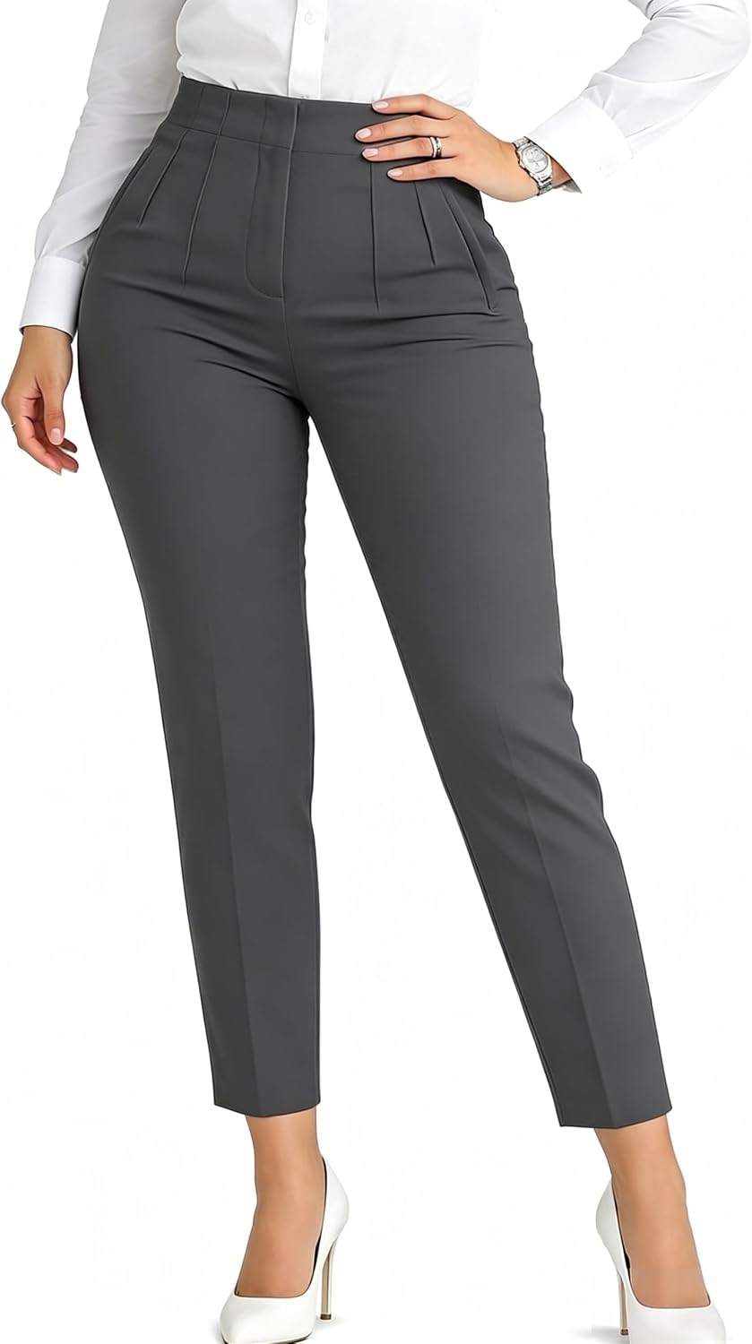 Detalle de LOVESHOOT Women's Stretchy Dress Pants: High-Waisted Pleated Straight-Leg Workwear