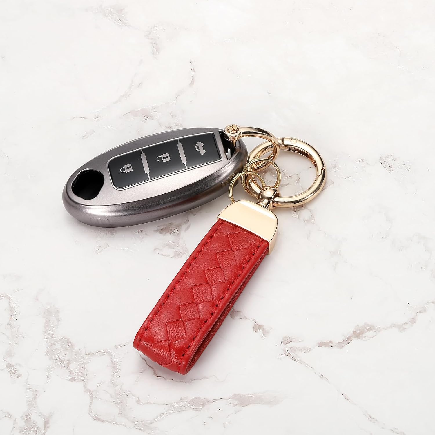 Thumbnail 4 de PATIKIL genuine leather car keychain with D-ring, red strap and rotatable key fob holder