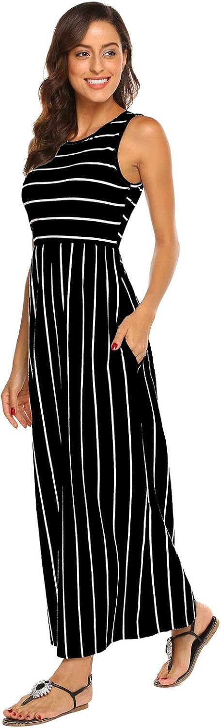 Detalle de BDTECAOR Maxikleid Damen Sommer Boho ärmellos mit Taschen – tanktopartiges Strandkleid mit elastischem Bund