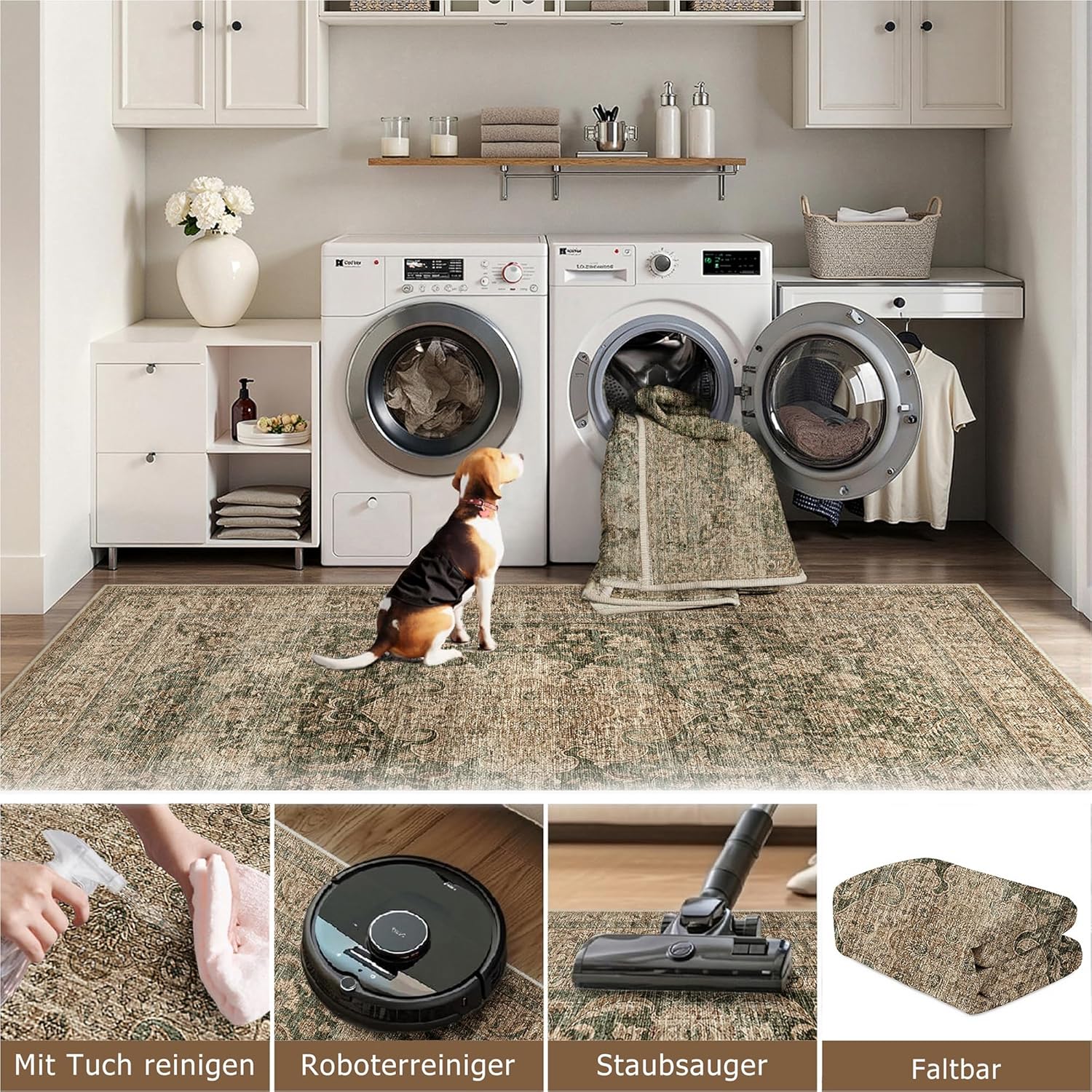 Thumbnail 4 de Waschbarer Vintage Grün Teppich für Wohnzimmer, Schlafzimmer & Büro (200x300 cm)