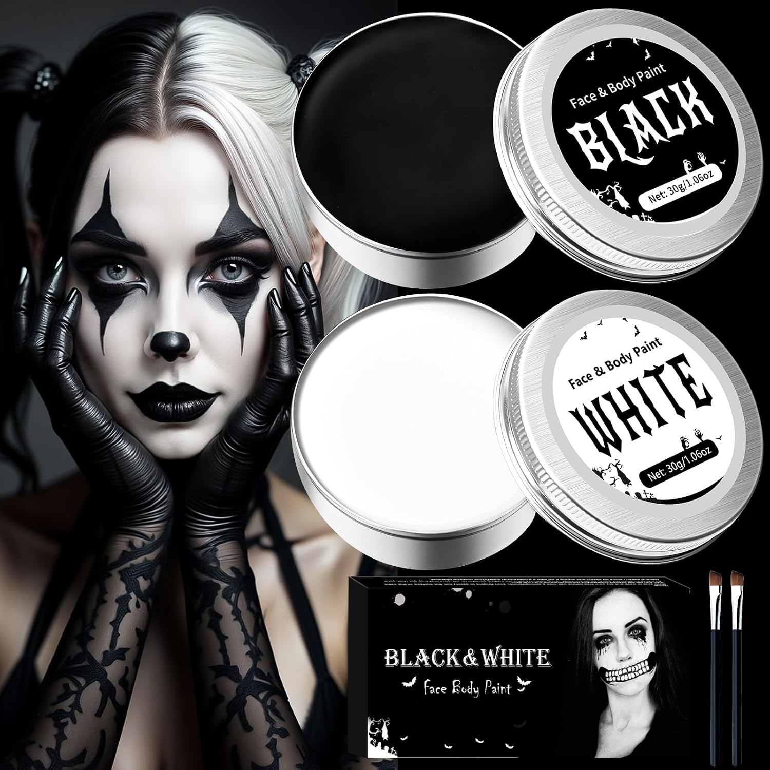 Detalle de SPINNE LUCAS Halloween-gezichtsmake-up, zwart-witte crème van 60 g met 2 kwasten