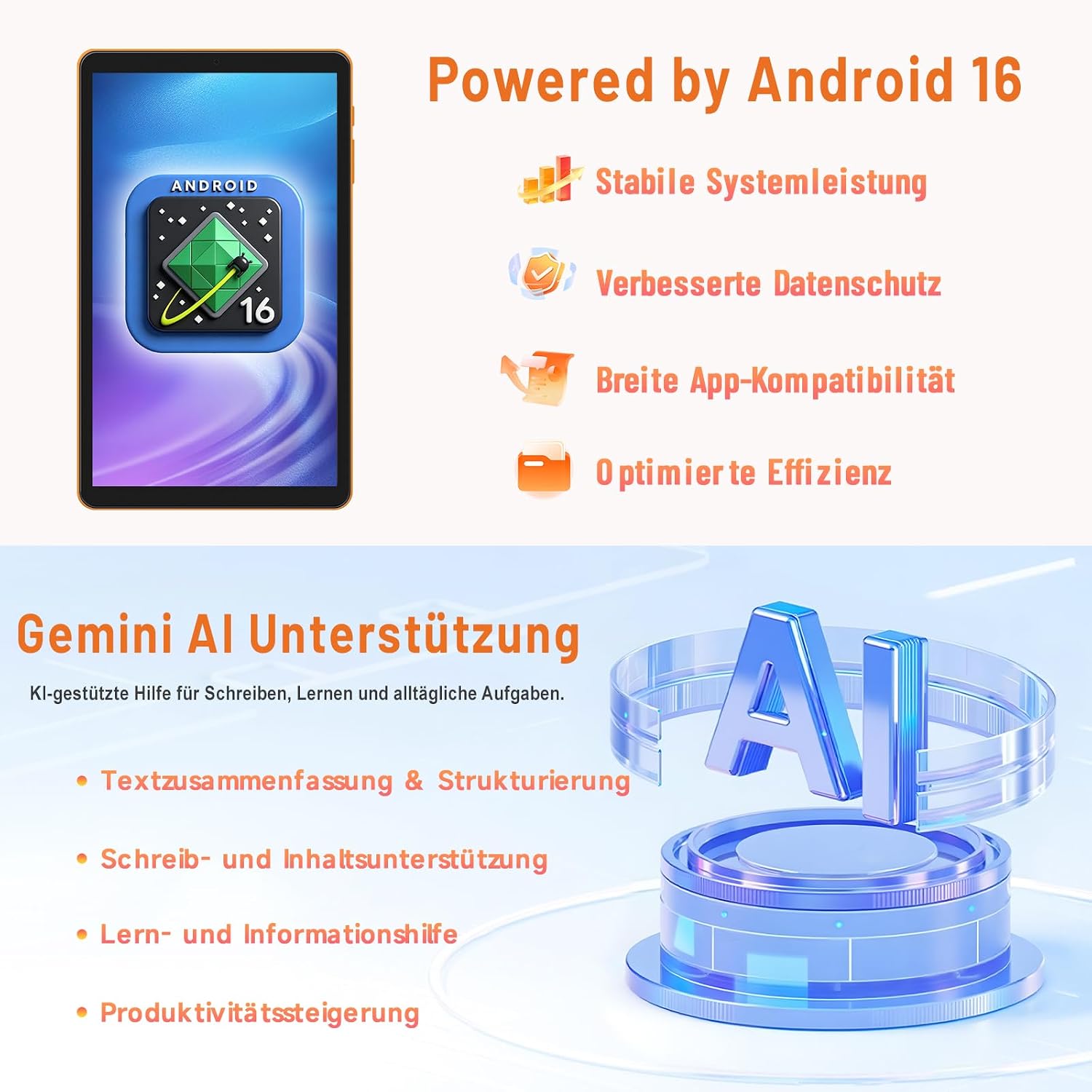 Detalle de paitanry Android 16 Tablet 8,7 Zoll – 4G LTE, Gemini AI, 16GB RAM + 64GB Speicher, Speichererweiterung bis 2TB