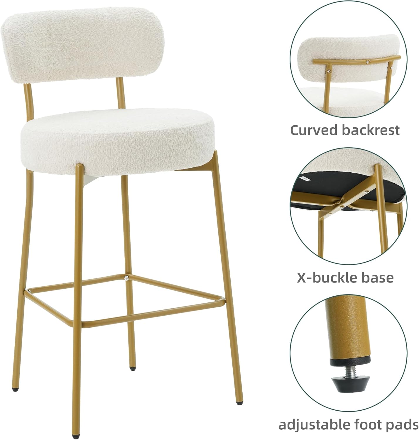 Detalle de AurnaGle 28-Inch Boucle Bar Stools, Set of 3, with Backs and Gold Legs