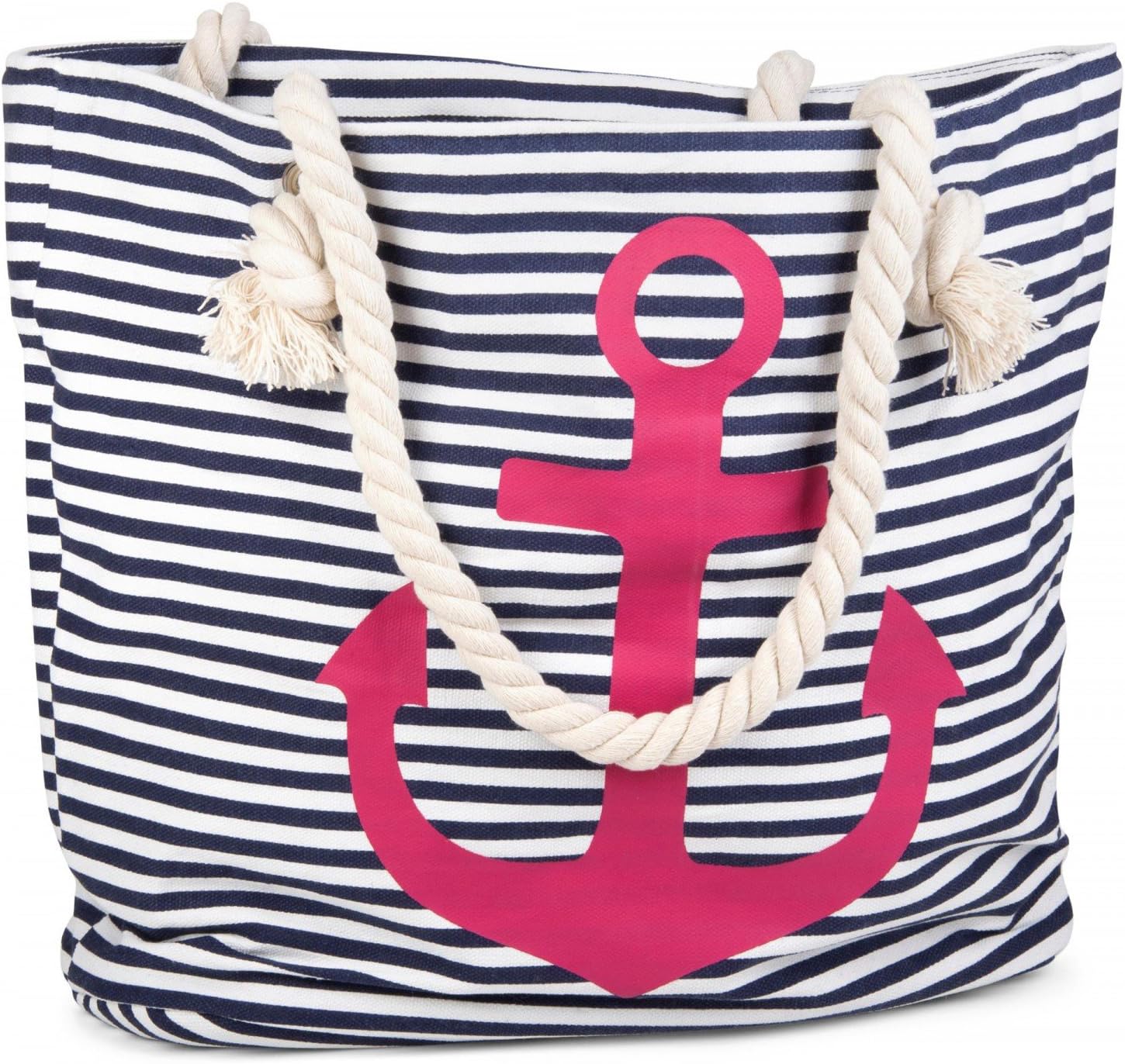 Detalle de styleBREAKER borsone da spiaggia a righe con ancora - Marino-Bianco/Rosa, 46 x 34 x 12 cm
