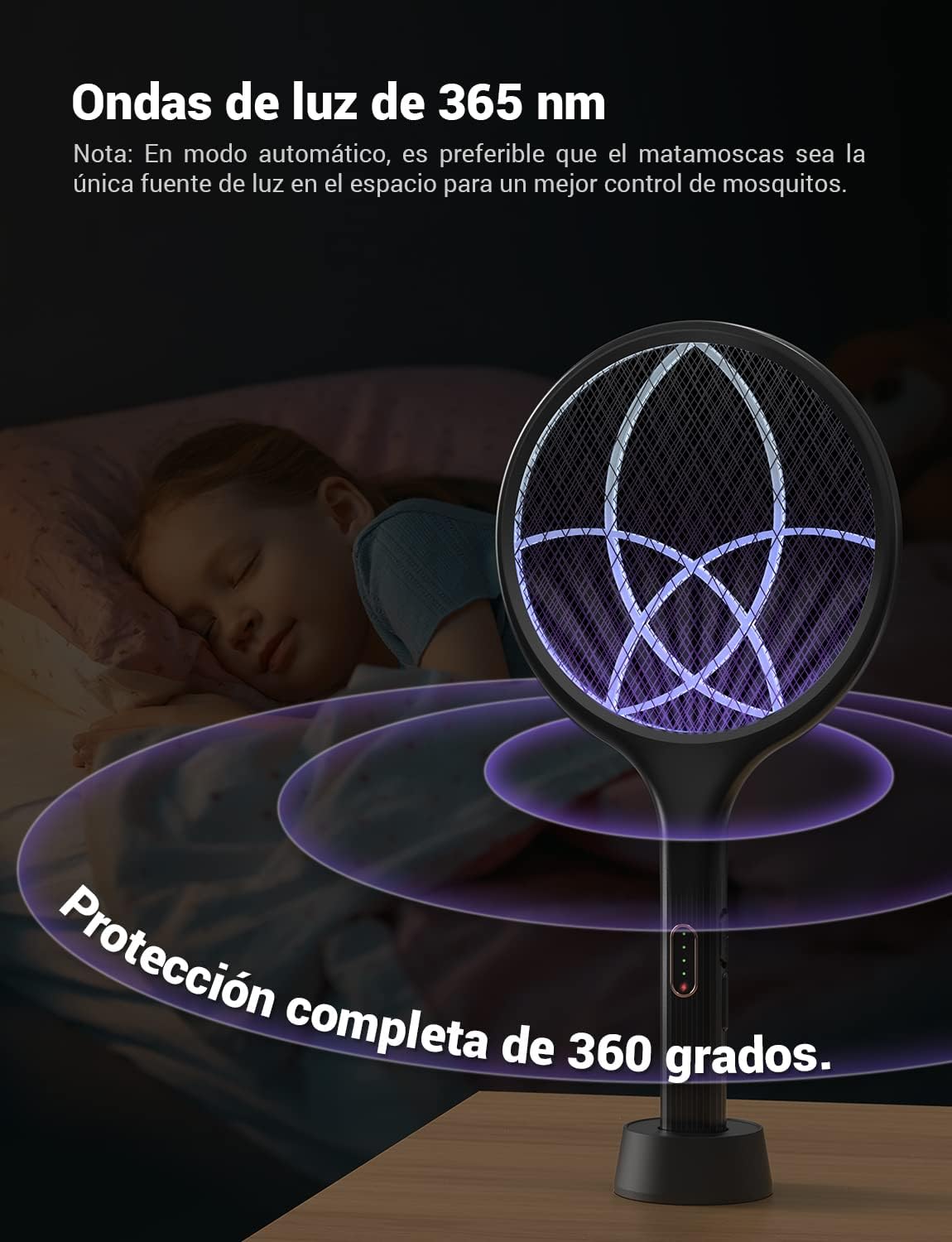 Detalle de YISSVIC Raqueta Matamoscas Eléctrica 2 en 1 4000V USB Recargable 1500mAh – Negro