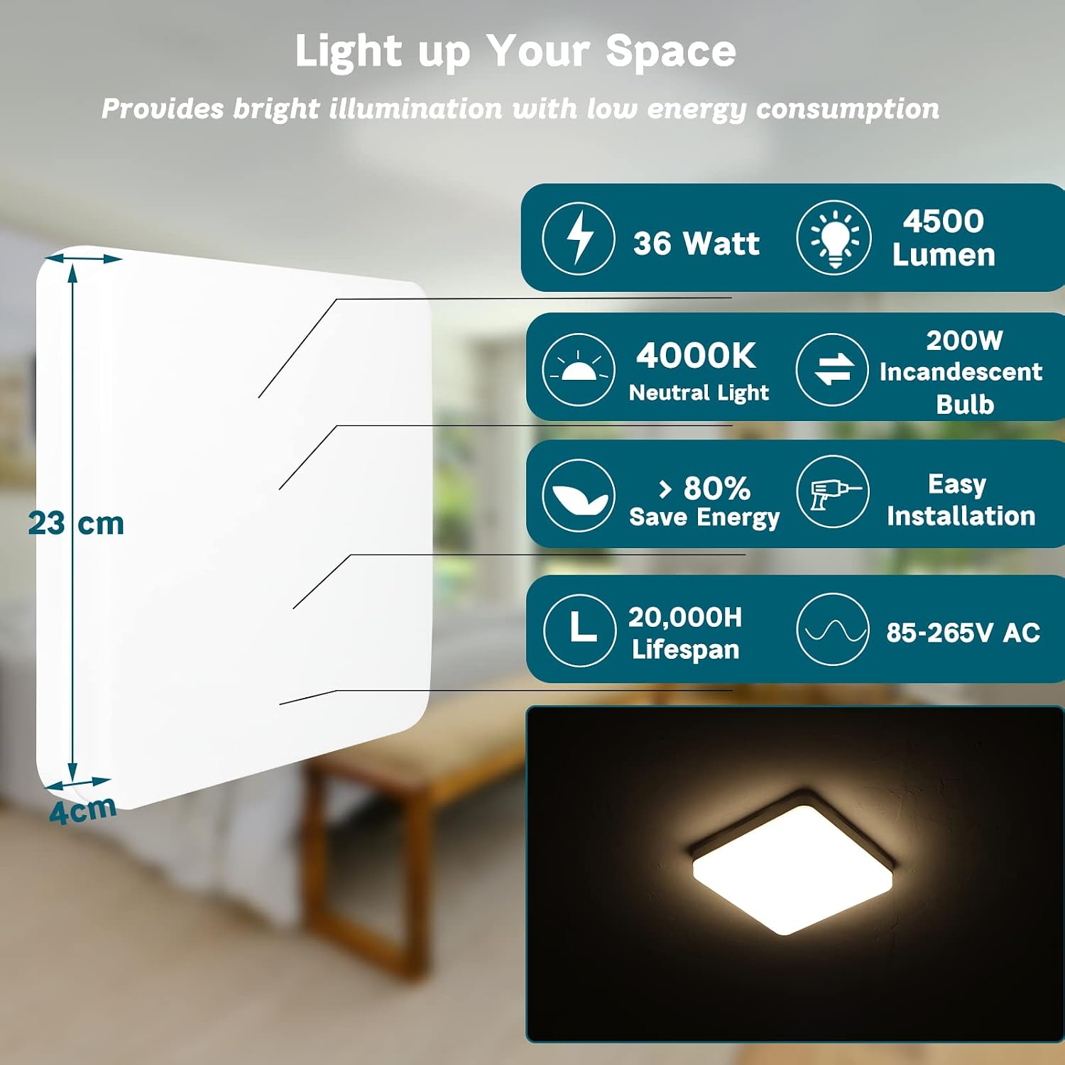 Thumbnail 3 de ASHUAQI LED Deckenlampe 36W 4000K – 4500 lm, IP44, quadratisch Ø23 cm