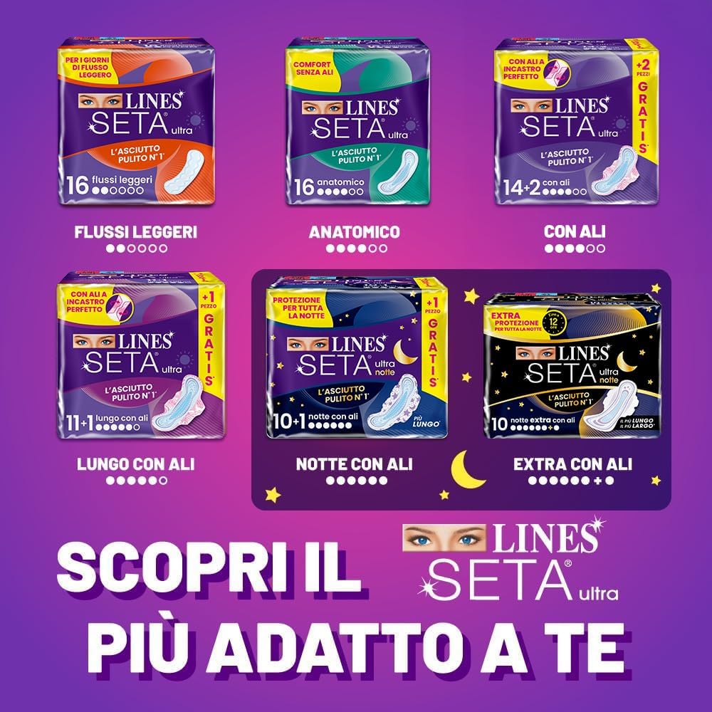 Thumbnail 6 de LINES SETA ULTRA NOTTE con ali – Pacco scorta da 64 assorbenti esterni, protezione notte ipoallergenica