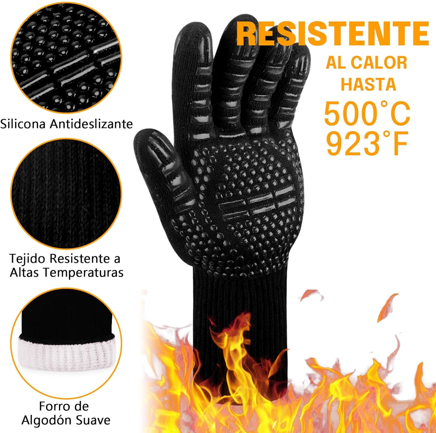 Thumbnail 1 de Reinalin Guantes Barbacoa Cocina Resistente al Calor hasta 800 ° C Guantes de Piel para Barbacoa Guantes de Cocina de Silicona Antideslizante para cocinar, soldar, Chimenea (L/XL/XXL, Dorado)