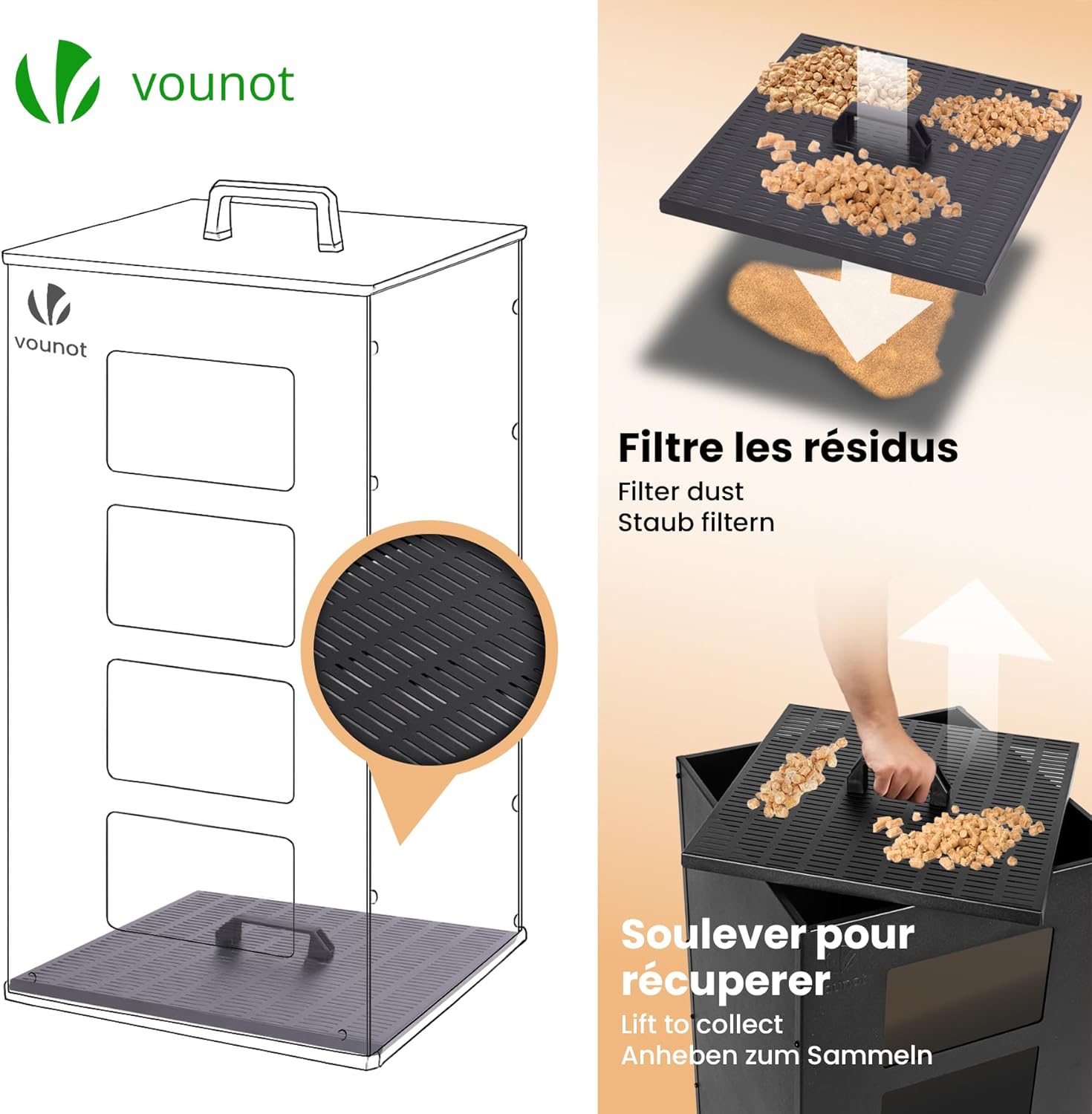 Thumbnail 5 de vounot Réservoir à Granulés en Métal 45 kg – Roulettes, Tamis Amovible et 4 Jauges de Niveau, Noir