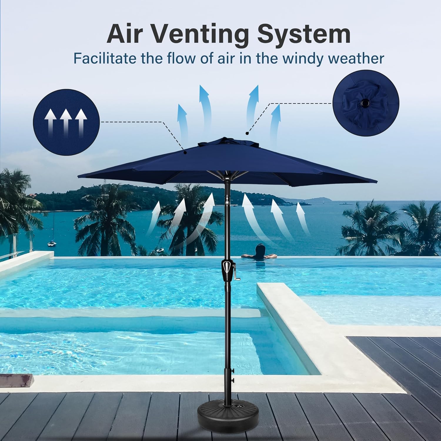 Detalle de Simple Deluxe 2.28M Patio Umbrella: Durable 6-Rib Outdoor Market Table Shade with Push Button Tilt/Crank in Dark Blue