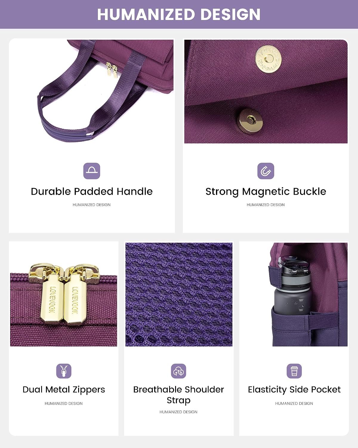 Detalle de LOVEVOOK Purple backpack with 15.6-inch laptop space