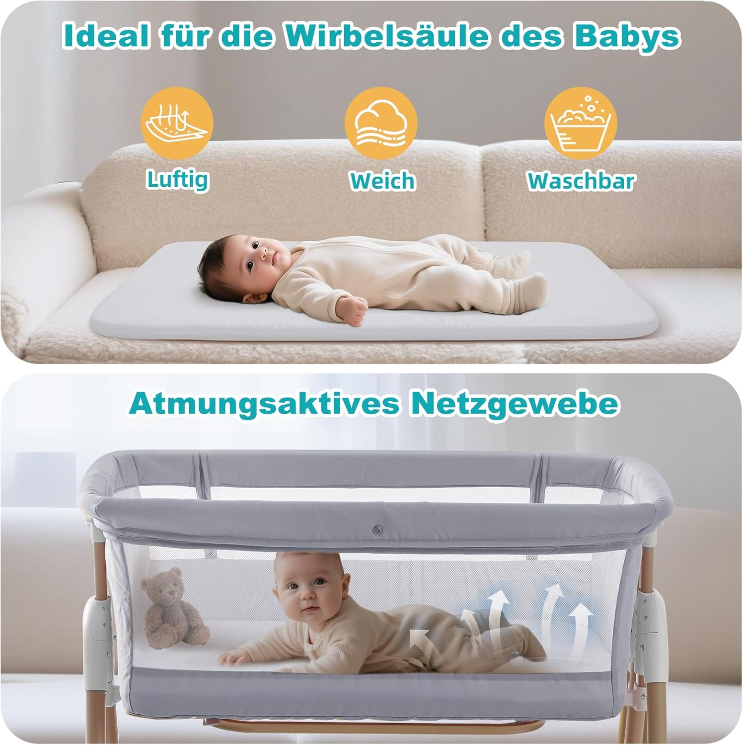 Thumbnail 1 de cozydwells 3‑in‑1 Beistellbettchen (Tragbares Reisebett) grau – höhen- und neigungsverstellbar mit 4 abschließbaren Rollen