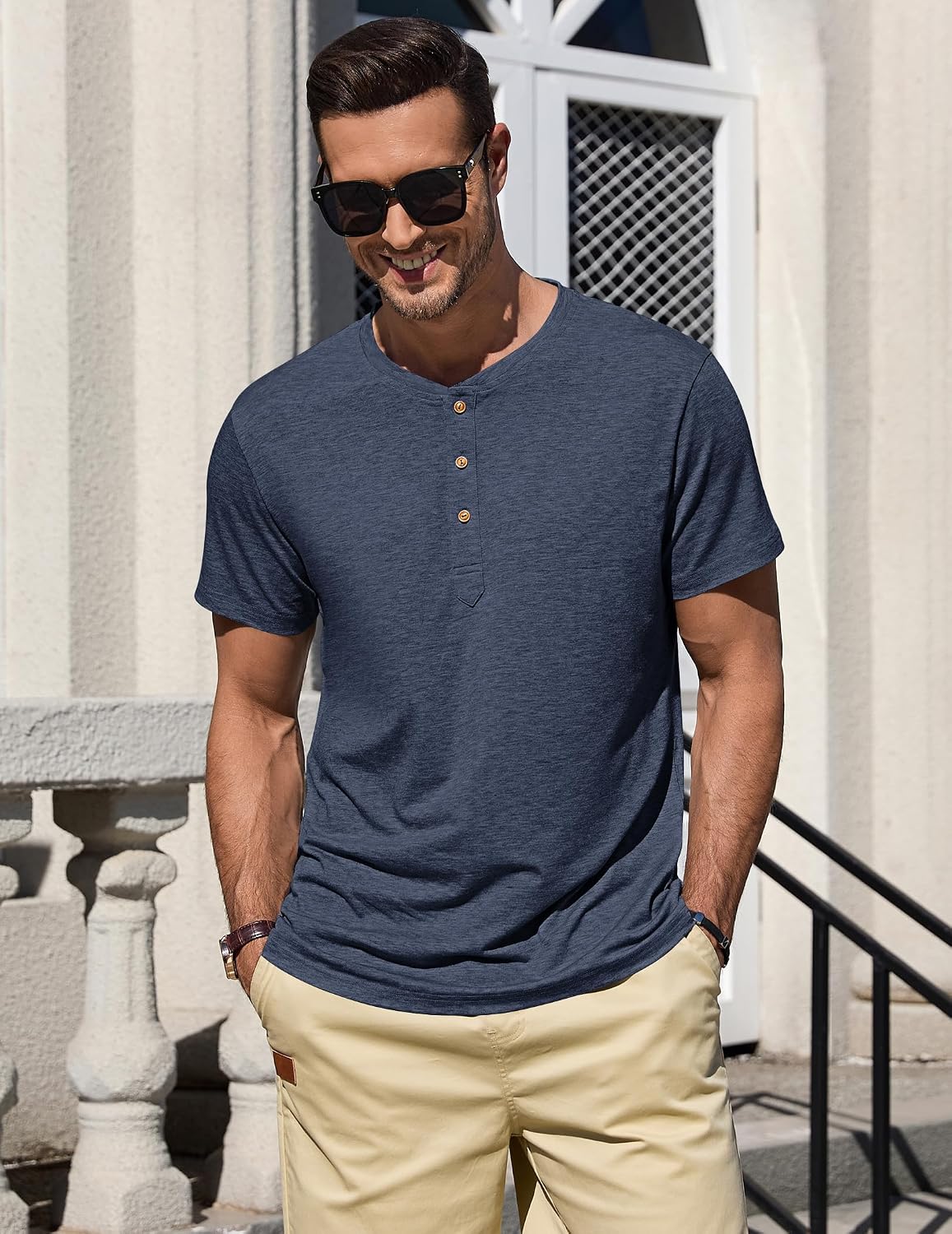 Detalle de TARAINYA Henley Shirt Herren aus Baumwolle – Kurzarm, 3-Knopf-Verschluss, OEKO-TEX, Größen M–4XL
