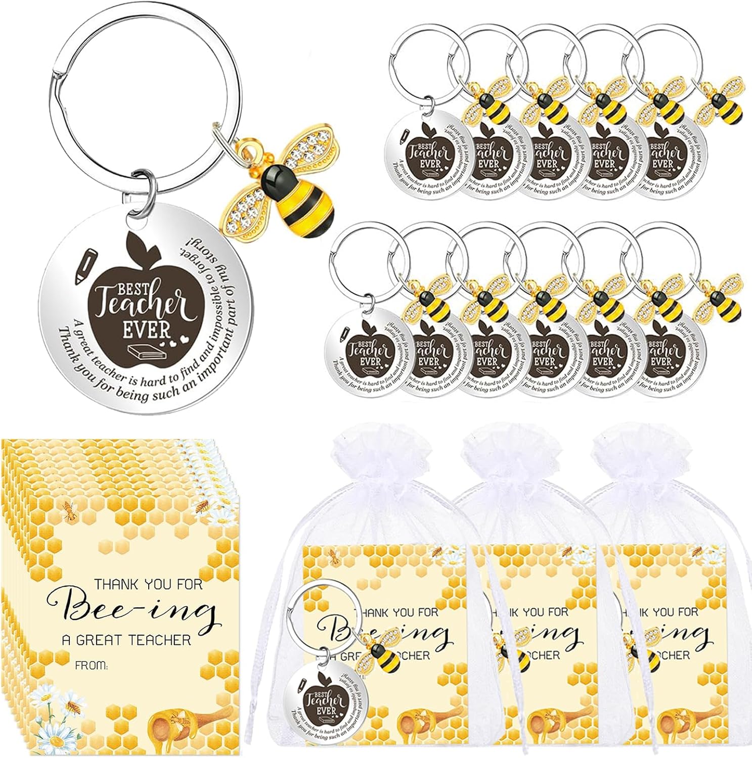 Johiux 12‑Piece Teacher Appreciation Gift Set with Bee Keyrings, Cards and Organza Pouches