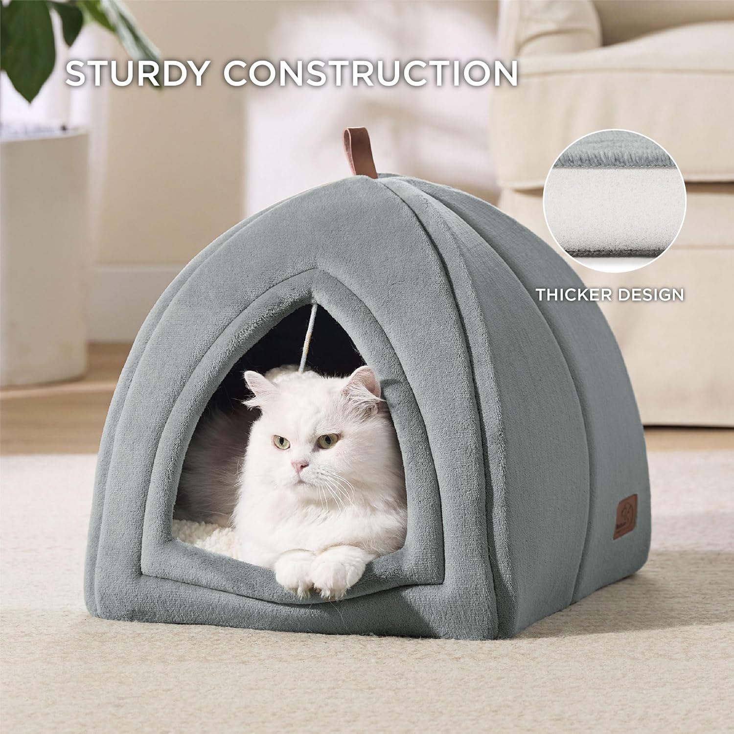 Detalle de Bedsure Cat Cave Bed Indoor with Flannel Hooded Igloo House (Grey) – 40x40x40cm foldable cat tent