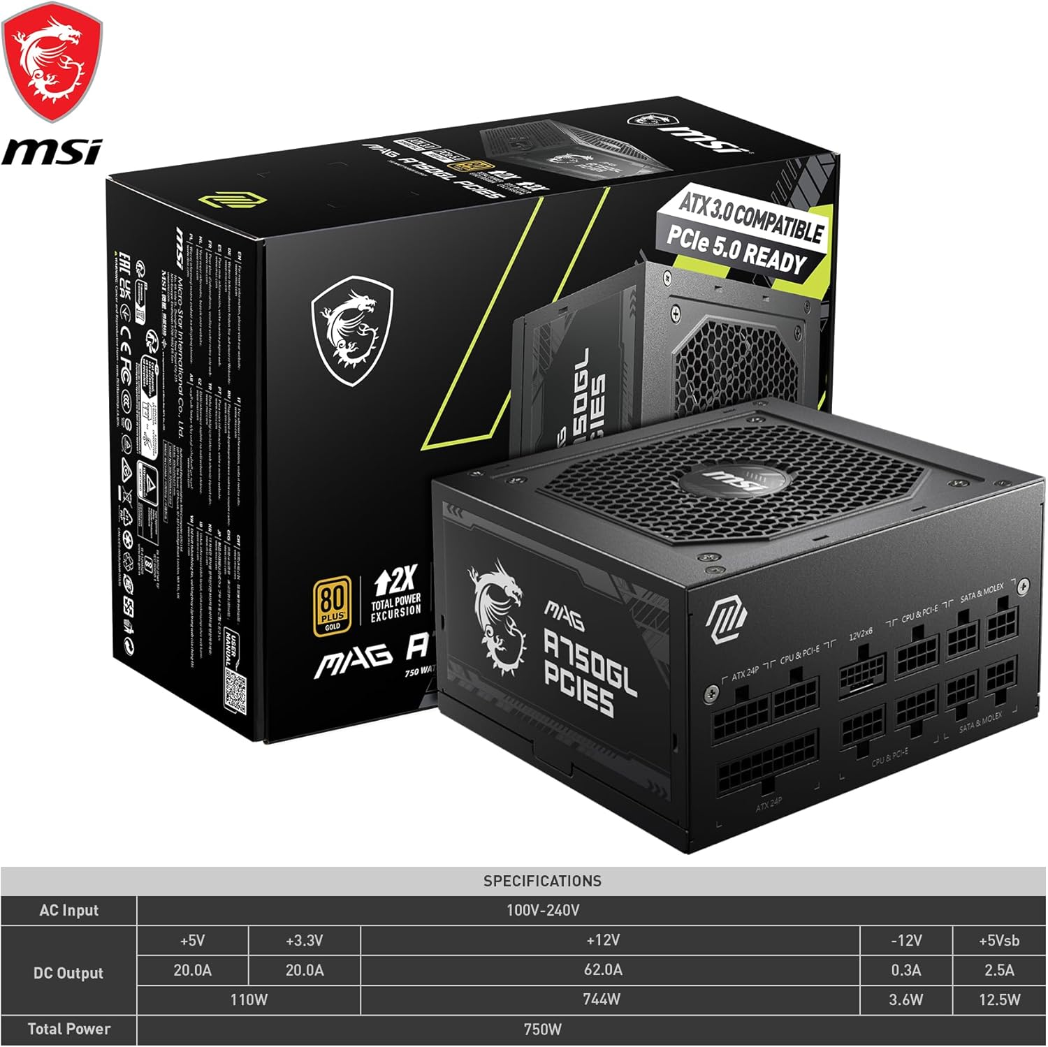 Thumbnail 6 de MSI MAG A750GL: PSU ATX 3.0 da 750W con PCIe 5.0 e modularità completa