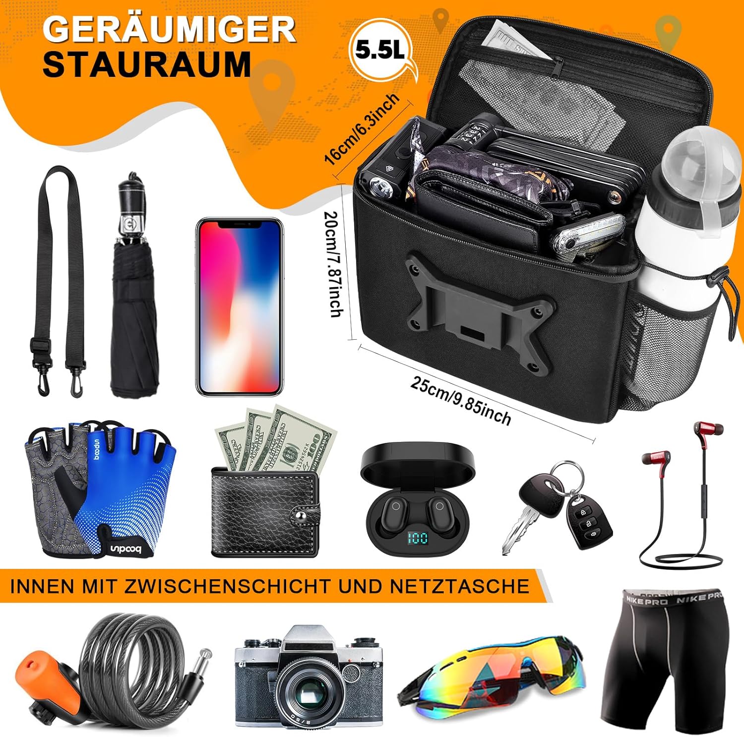 Detalle de GXCROR Lenkertasche Fahrrad 5.5L – Wasserdicht, Touchscreen-Handyhalterung & 3-in-1 Montage