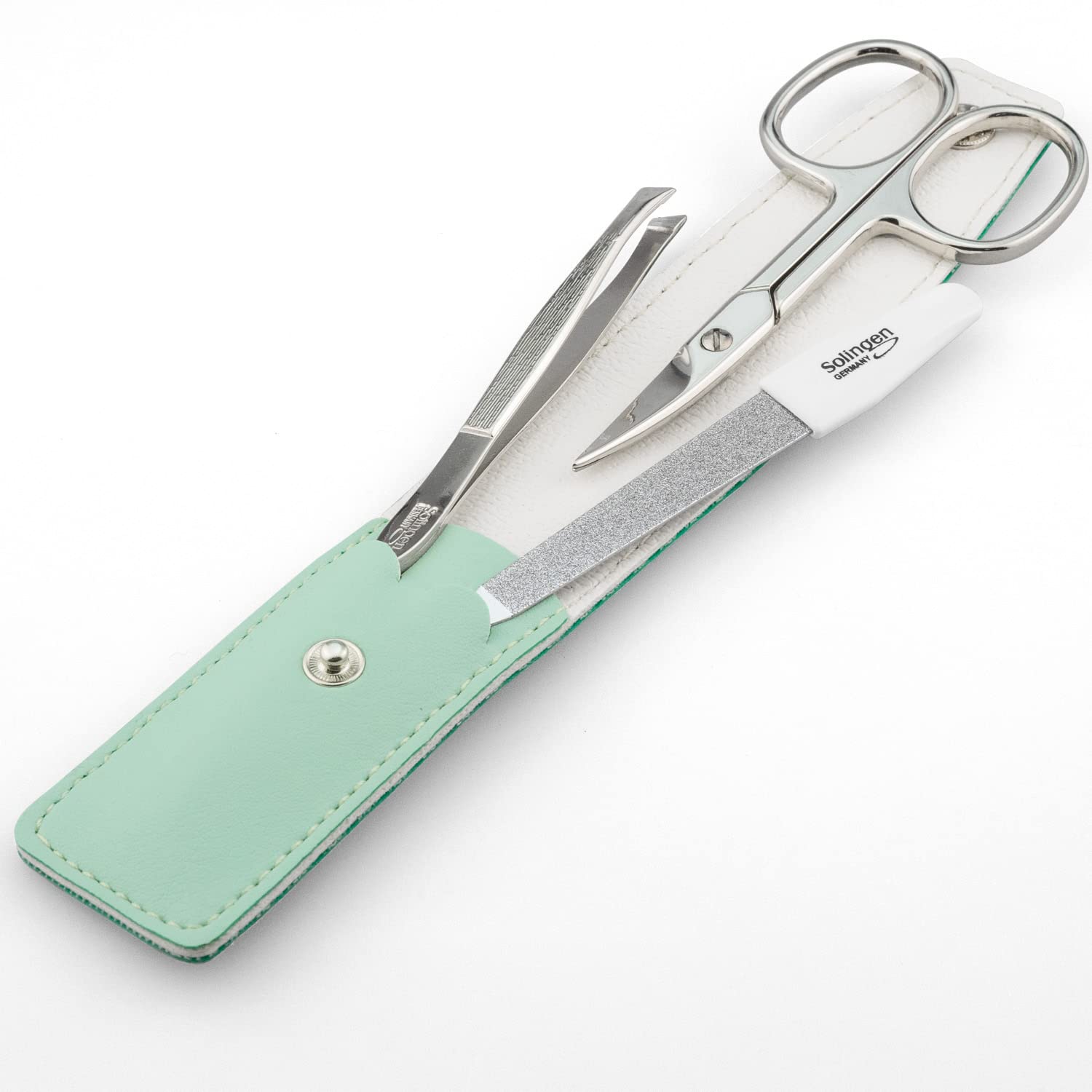 Detalle 2 de marQus Nagelschere- & Pinzetten-Set (3-teilig) mit Solingen-Feile – Reise-Maniküre im Mint-Etui