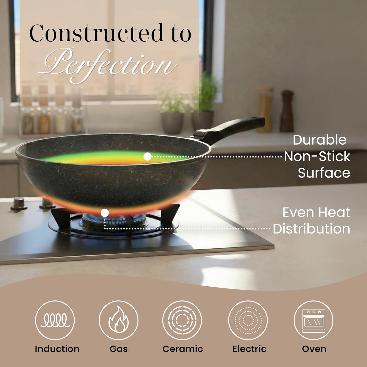 Thumbnail 3 de nuovva Non-Stick Wok Pan with Glass Lid – 28cm Deep Stir Fry Pan with Induction Base and Detachable Handle