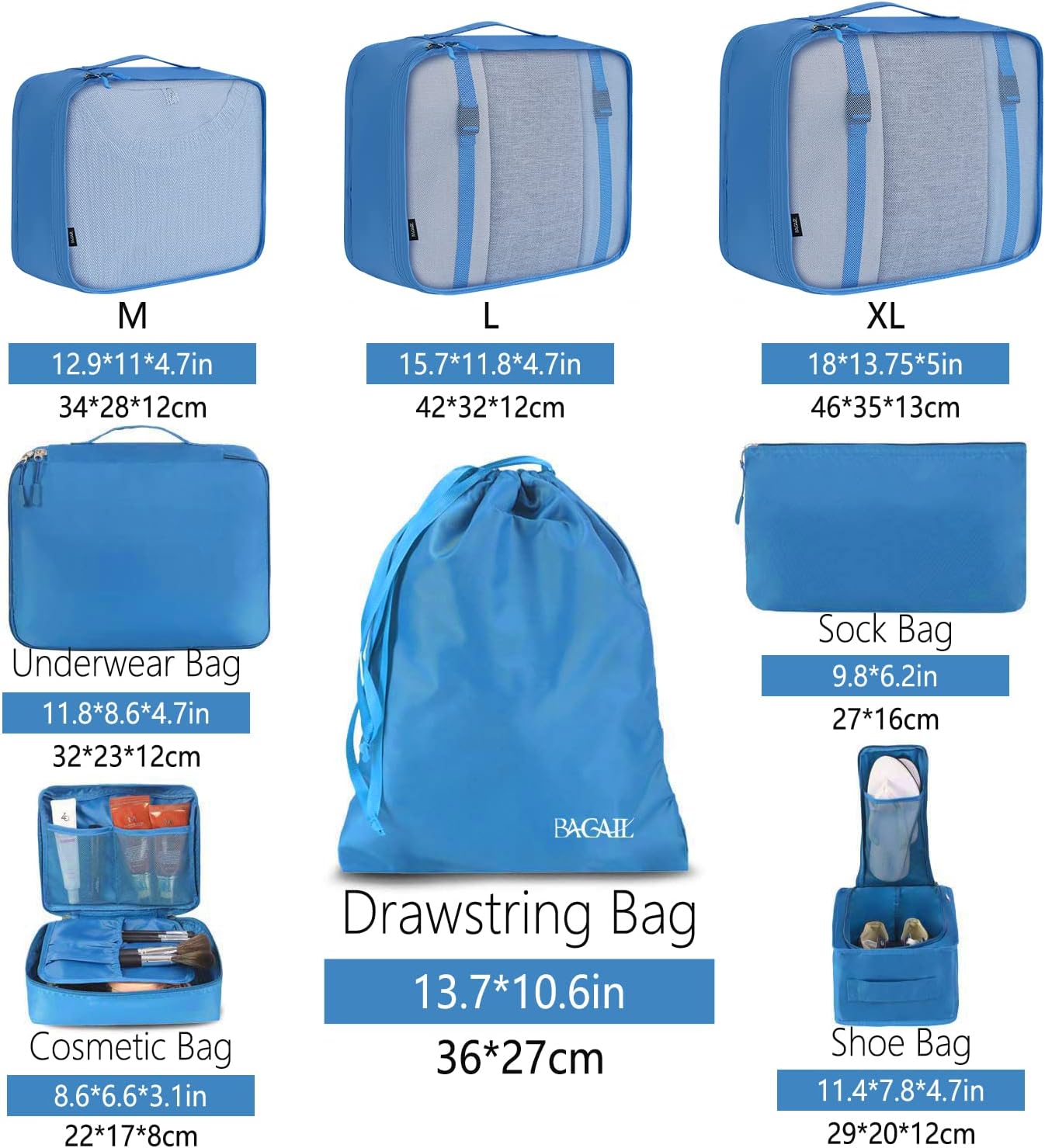 Detalle de BAGAIL 8-teilige Packwürfel inkl. Kleidertaschen & Organizer-Set für Reise und Koffer