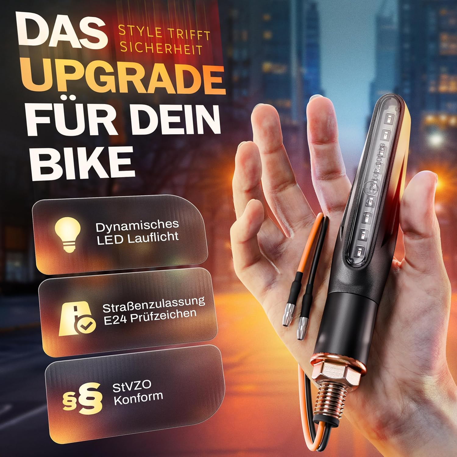 Thumbnail 1 de Binego® 4x LED Blinker Motorrad „E geprüft“ mit Lauflicht (2er-Set) – universelle Mini-Blinker, StVZO konform