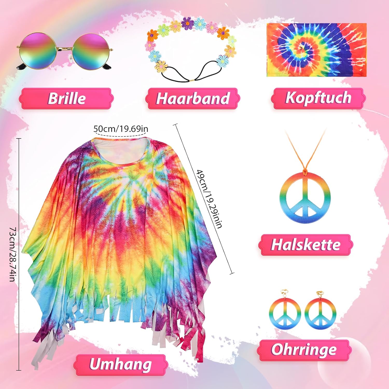 Detalle de Hippie-Kultur Hippie-Umhang & Festival-Accessoires Set im Batik-Look für Karneval und Party