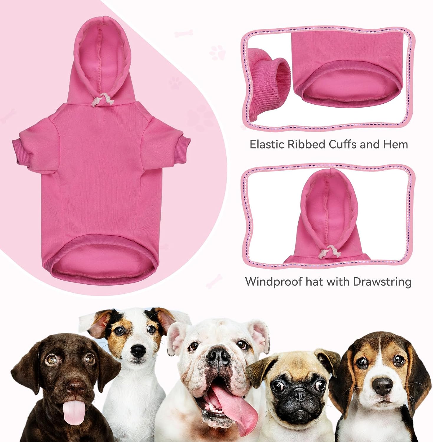 Detalle de QDYU QDYU971854 Dog Hoodie for Large Dogs, Pink Brushed Fleece with Pocket