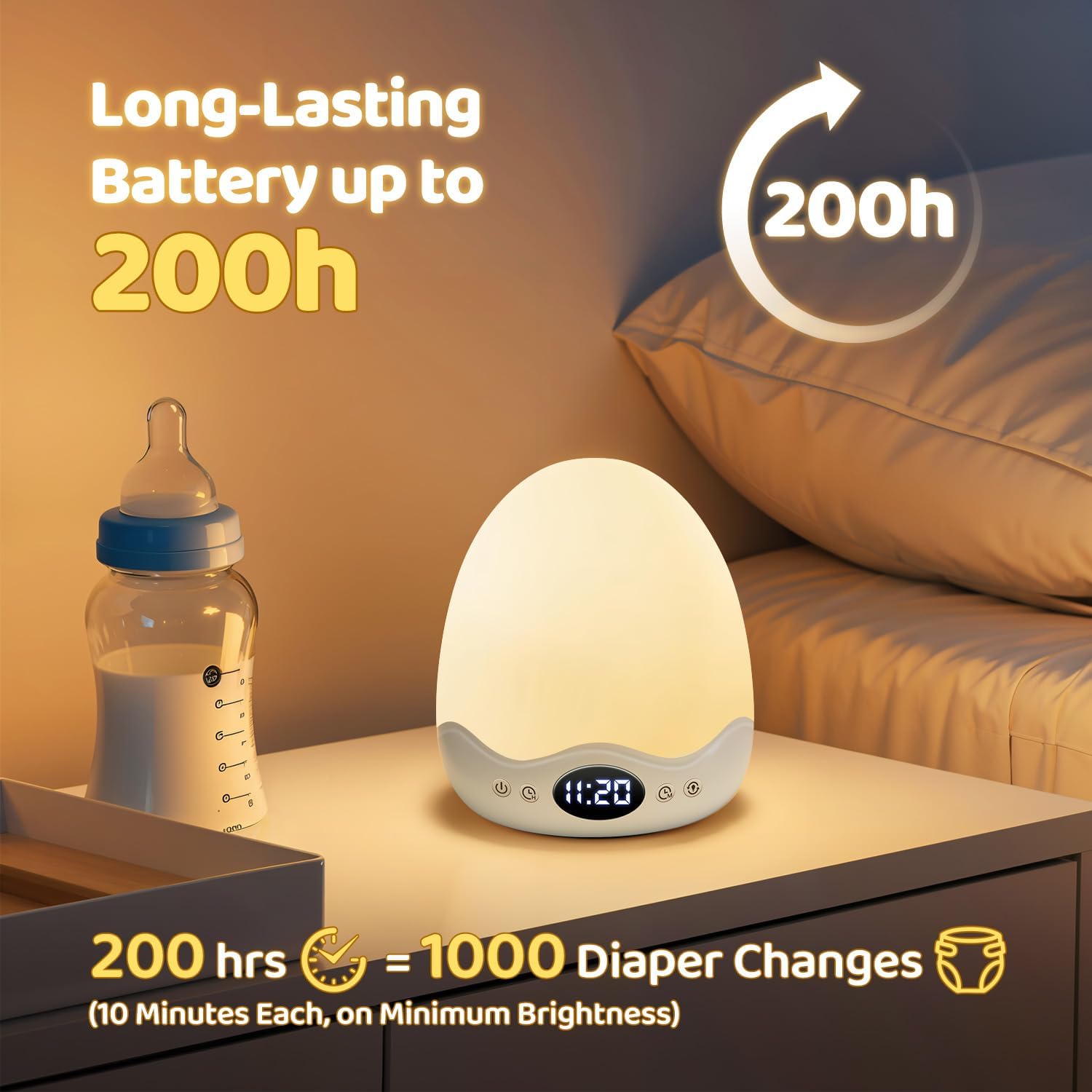 Detalle de PIKOY Egg Light Baby Night Light with Clock, 10 Colours & 10 Brightness Levels