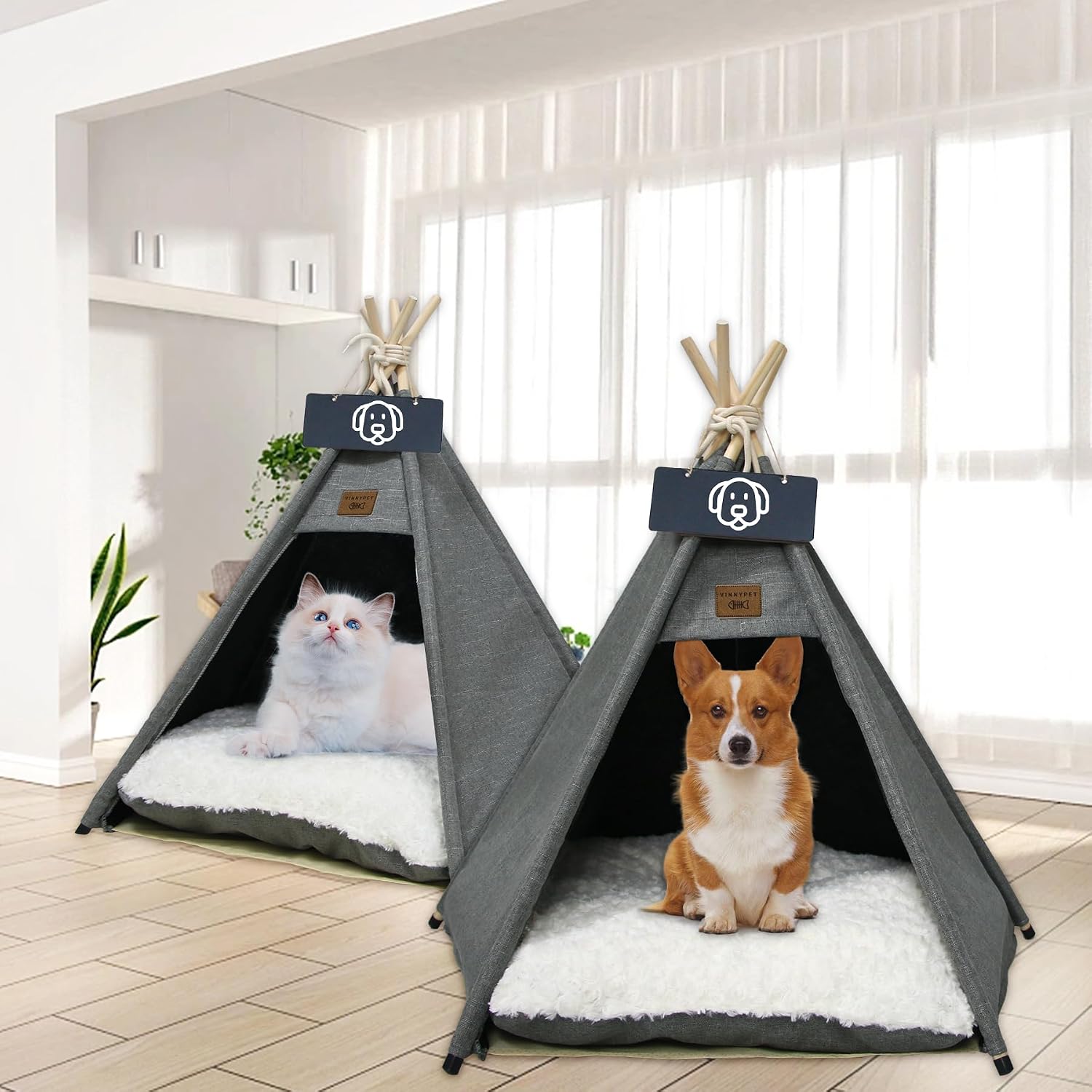 Detalle 2 de Vinnypet Tipi Zelt für Katzen und Hunde – Luxuriöses Haustierzelt mit abnehmbarer, waschbarer Matte 50x50x60 cm