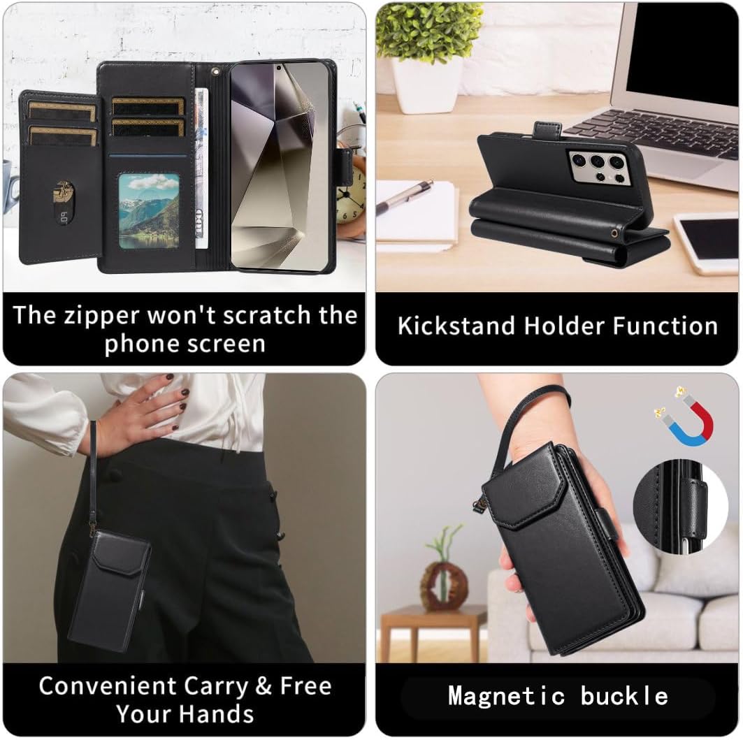 Thumbnail 3 de Asuwish Wallet Case for Samsung Galaxy S24 Ultra 5G: Folio Wallet, Tempered Glass Screen Protector & Detachable Wrist Strap