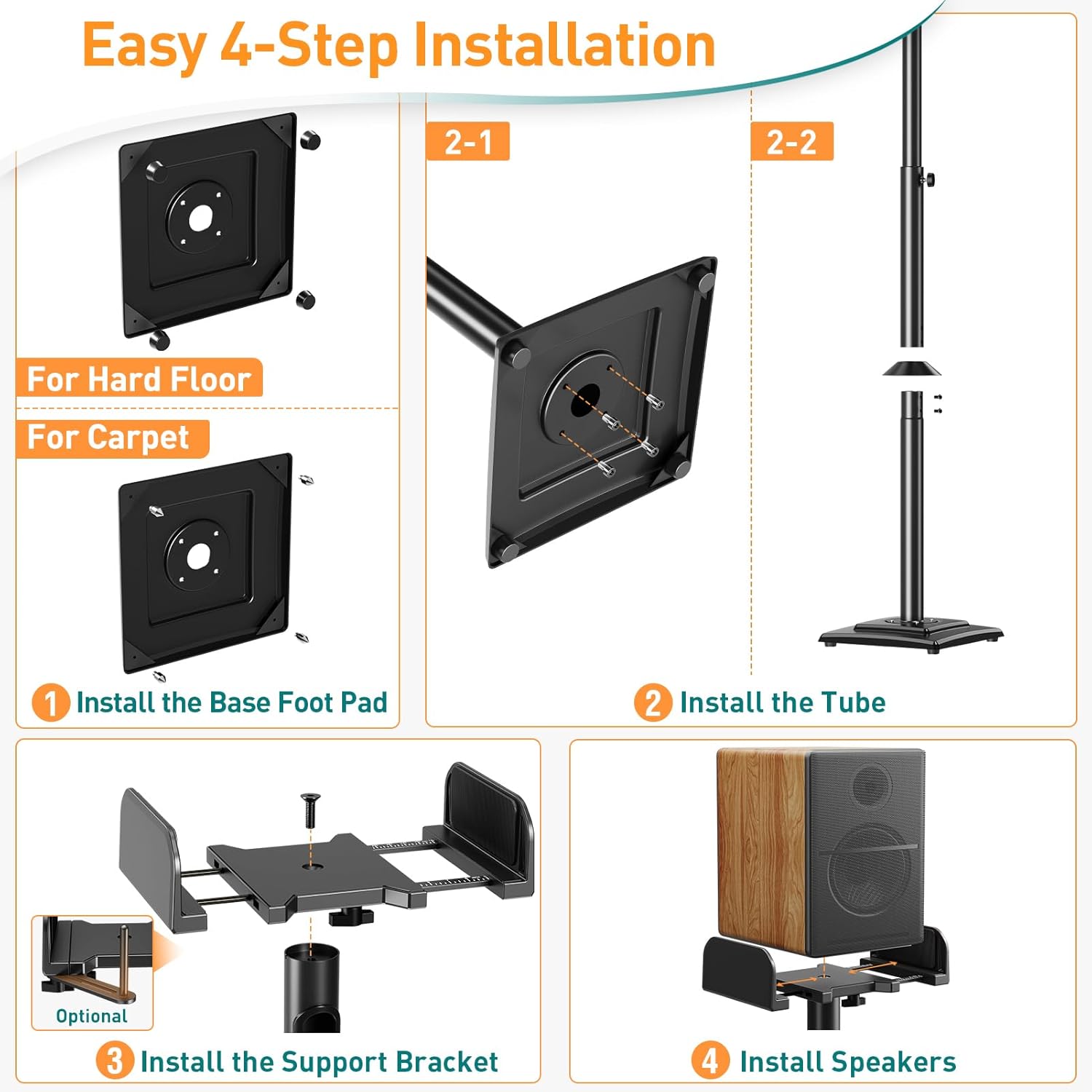 Thumbnail 6 de ELIVED Adjustable Height Speaker Stands (EV5028) – 865–1100mm, 5kg, with Cable Management