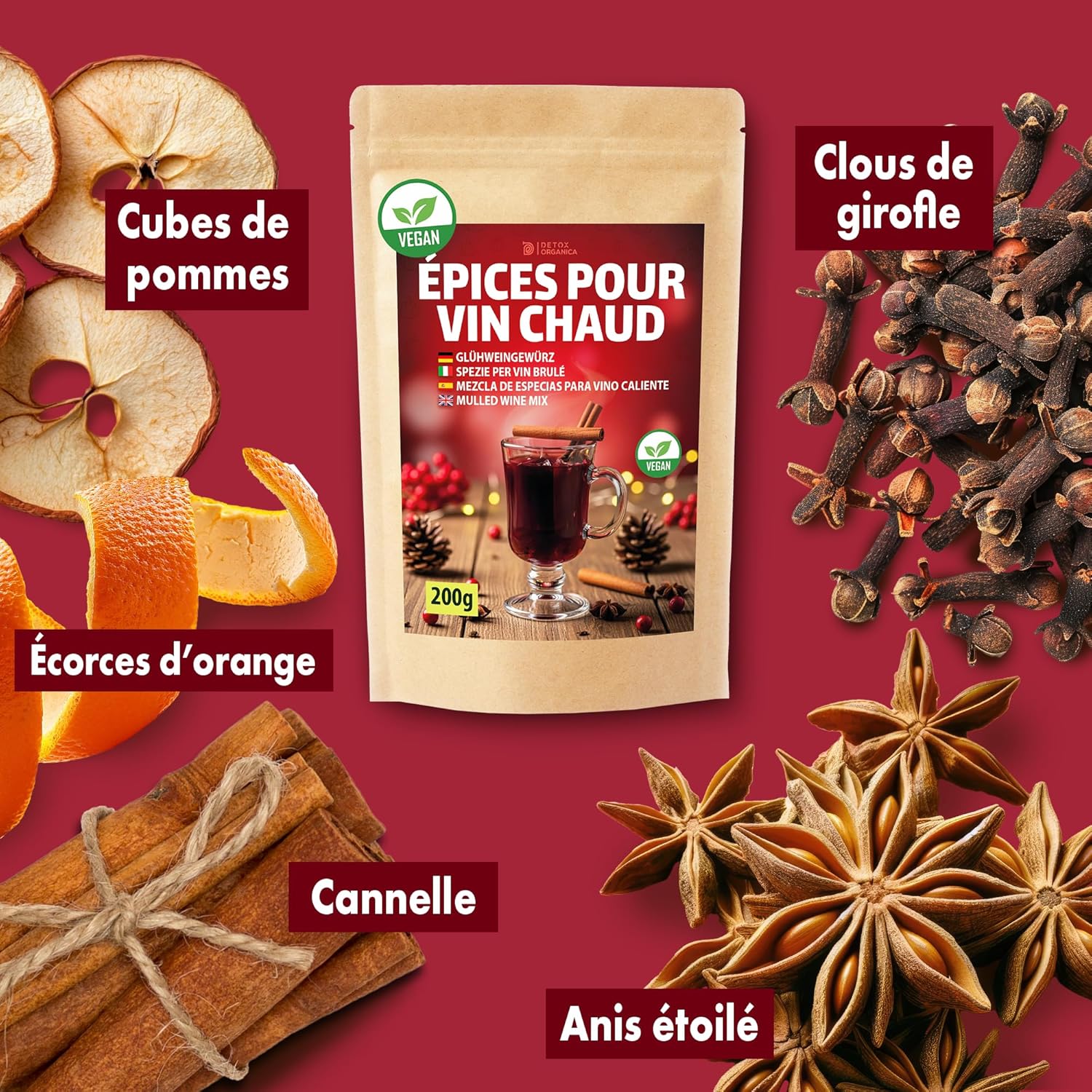 Thumbnail 3 de DETOX ORGANICA Mélange Épices Vin Chaud – 200 g, Épices premium (Clous de girofle, Anis étoilé, Cannelle) avec fruits séchés